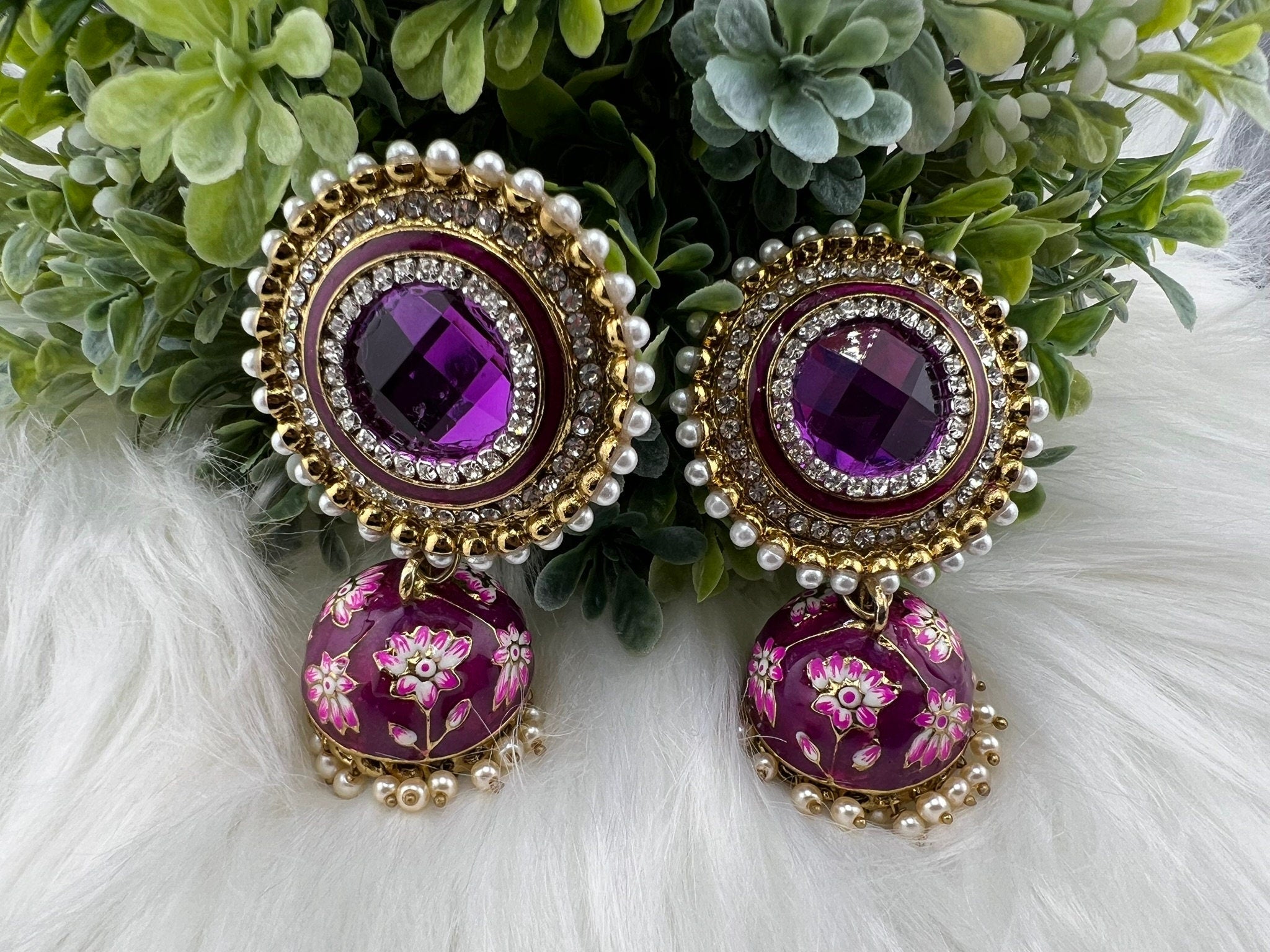 Premium Oversized Stud Jhumka/Purple and Gold with CZ, pearls, Minakari jhumka details/Indian Earrings/Indian Jhumka/Bridal Earring/Heavy