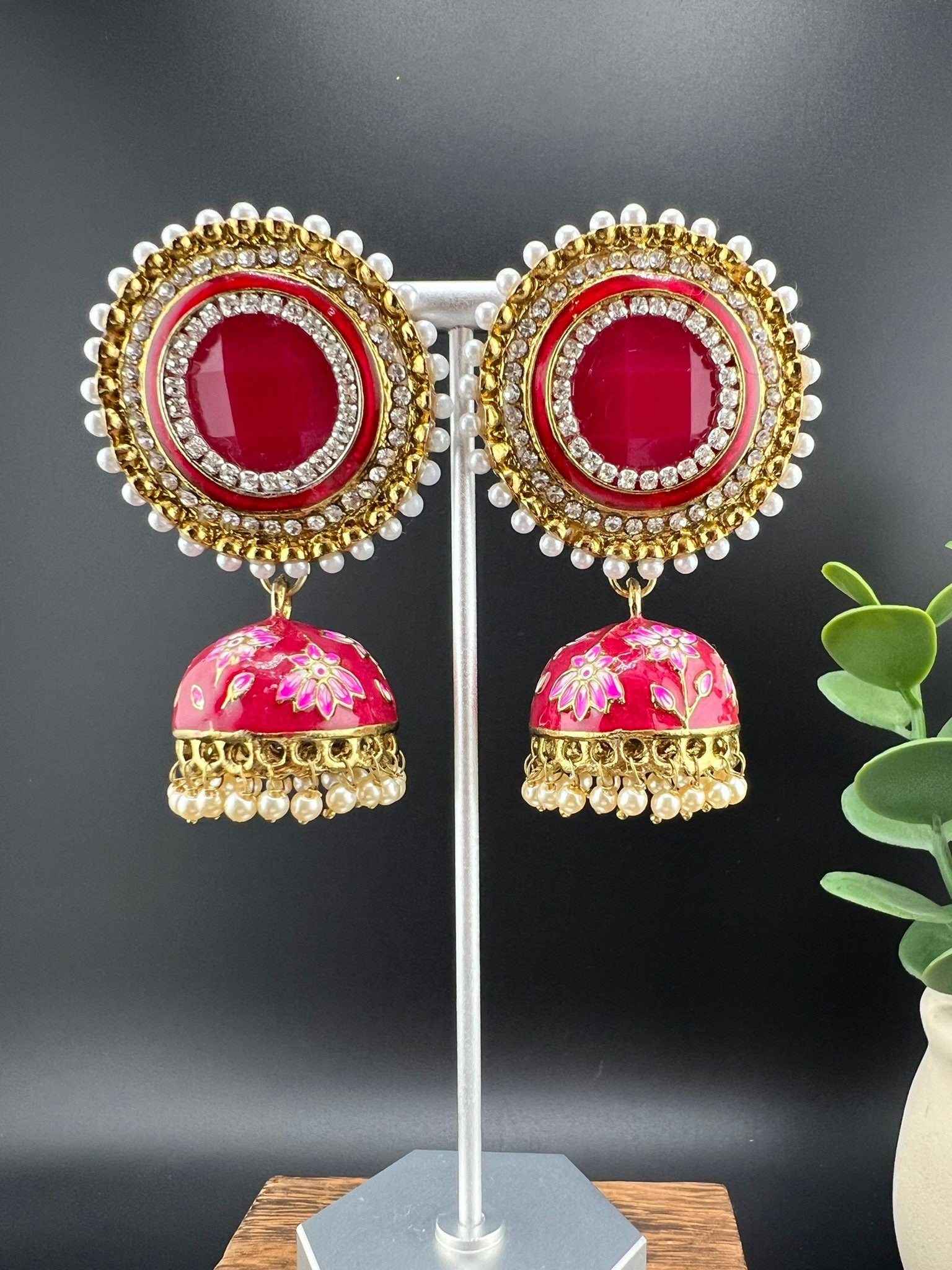 Premium Oversized Stud Jhumka/Magenta and Gold with CZ, pearls, Minakari jhumka details/Indian Earrings/Indian Jhumka/Bridal Earring/Heavy