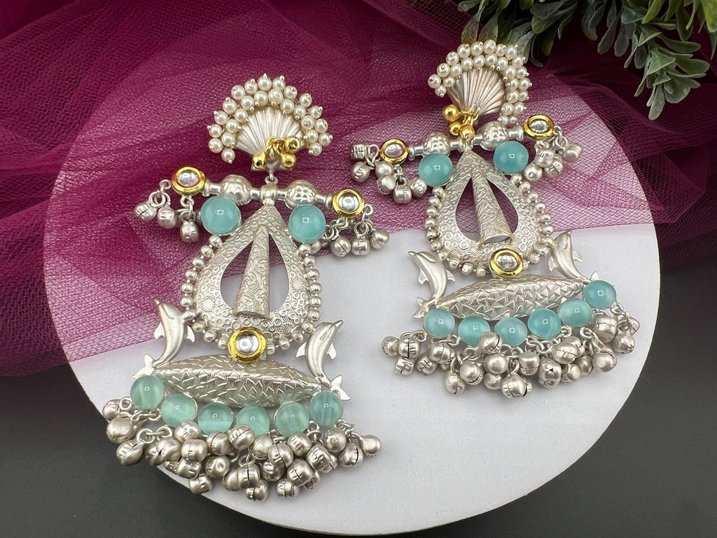 Silver Polish Premium Oversized Oxidized long Gold Chand Bali with Ghunghroo stones pearl/Dolphin Earring/Boho Earring/Ethnic Earring
