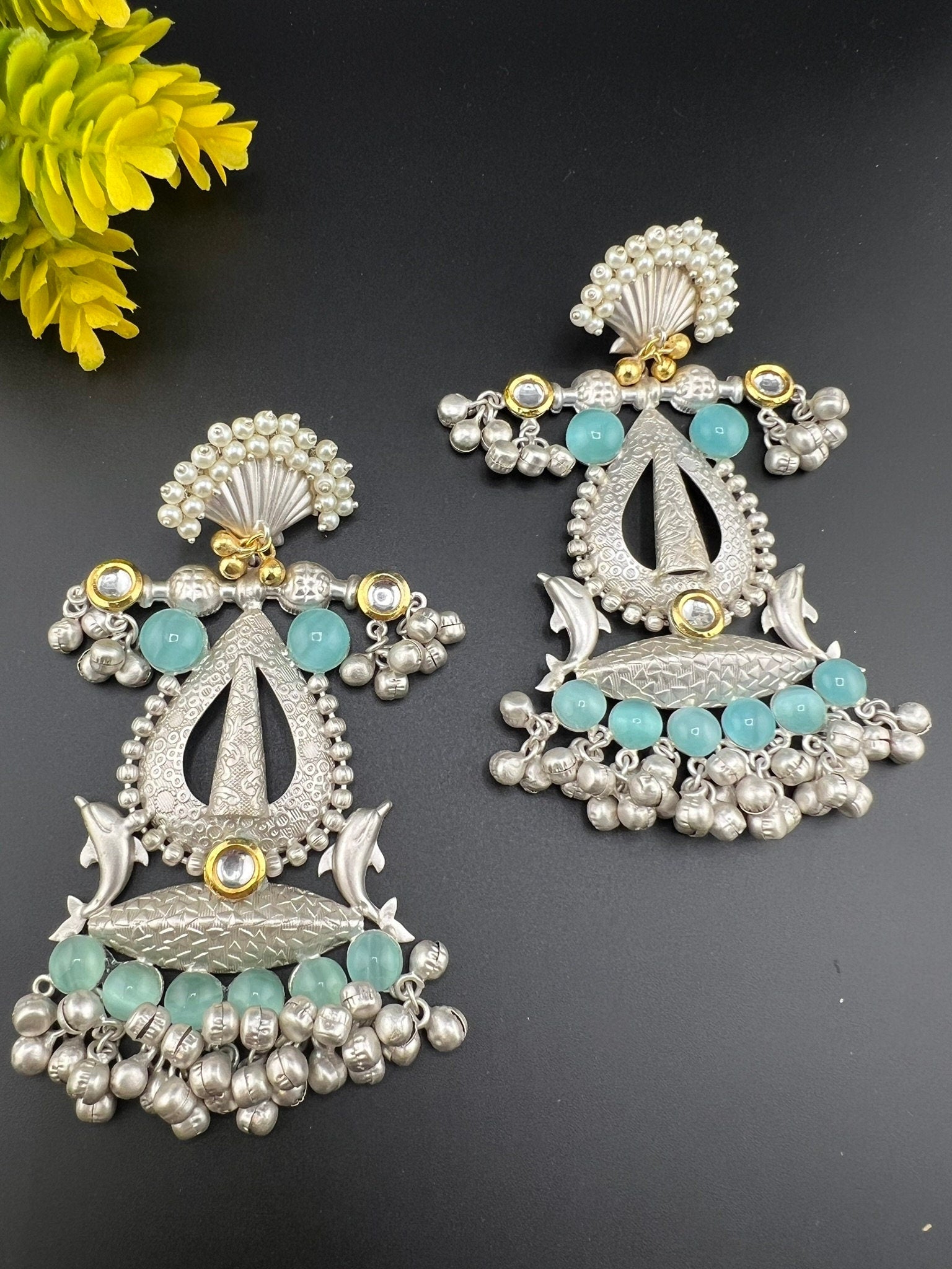 Silver Polish Premium Oversized Oxidized long Gold Chand Bali with Ghunghroo stones pearl/Dolphin Earring/Boho Earring/Ethnic Earring