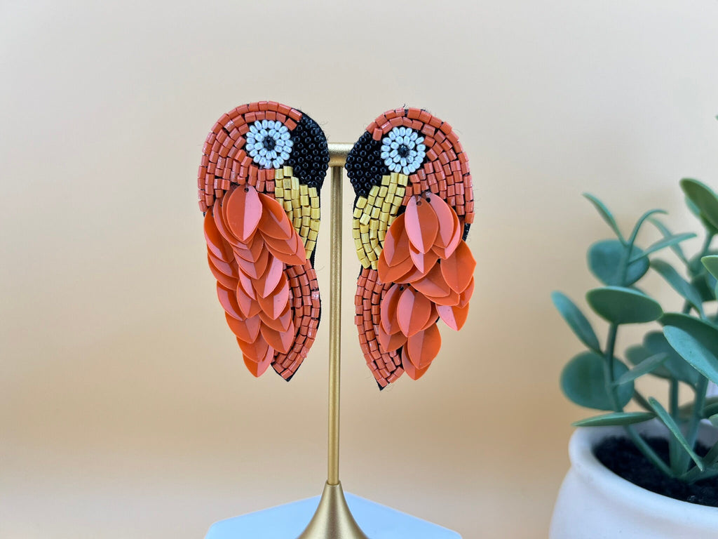 Orange Bird Beaded earrings, Quirky Handmade earrings