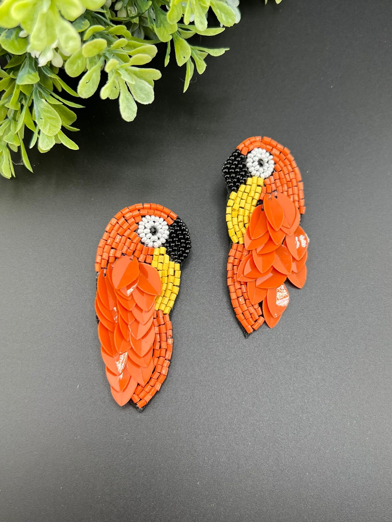 Orange Bird Beaded earrings, Quirky Handmade earrings