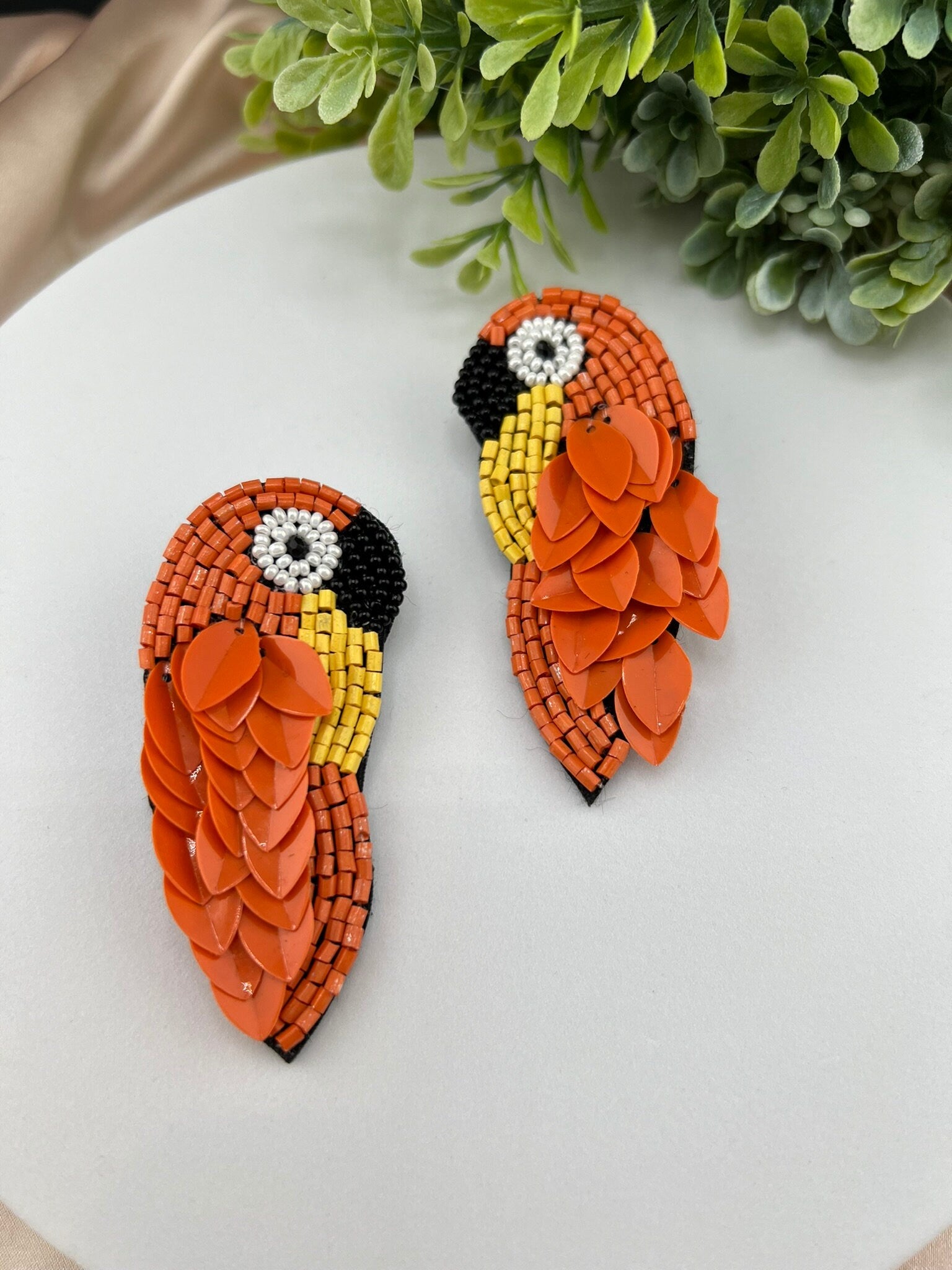 Orange Bird Beaded earrings, Quirky Handmade earrings