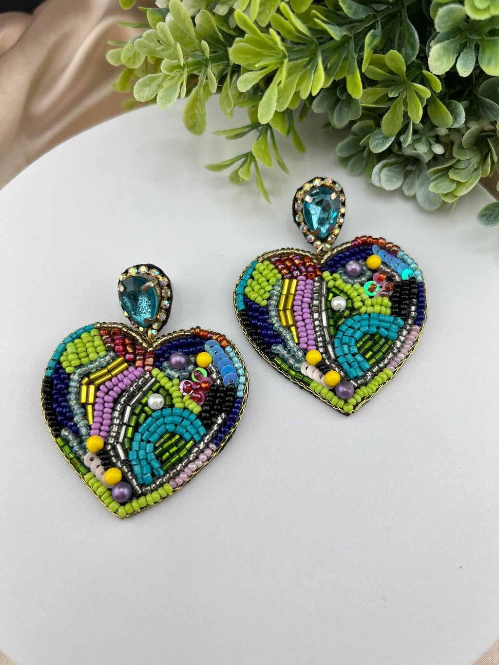 Colorful Heart Shaped Beaded earrings, quirky Handmade earrings