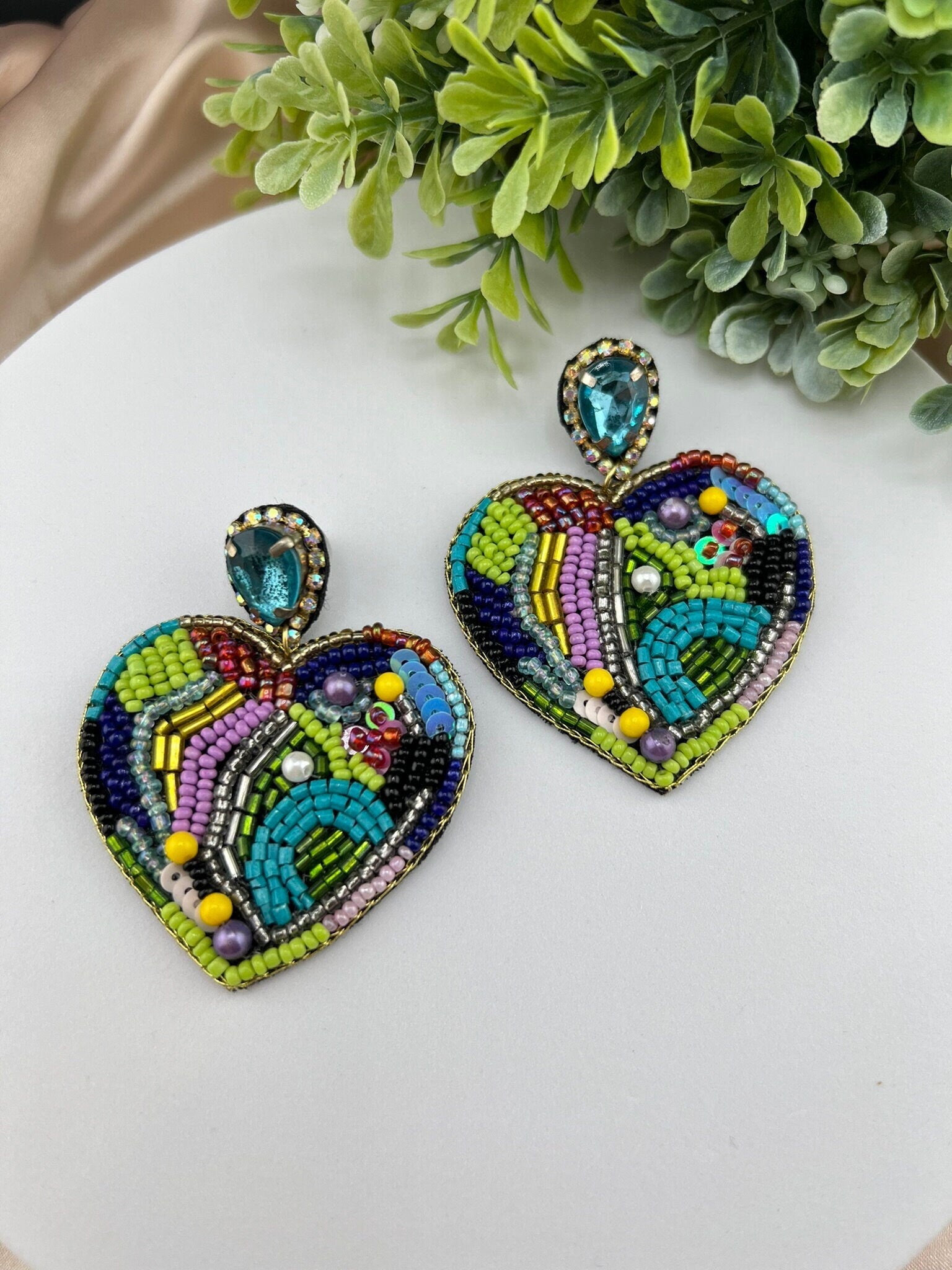 Beaded Colorful Heart quirky earring/Handmade earring/Statement Earring/Boho Earring/Beaded Valentine earring/Ethnic Earring/Orange earrings