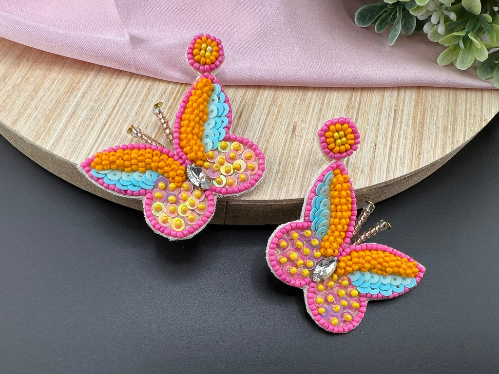 Pastel Orange Butterfly quirky Beaded earring, Handmade earrings
