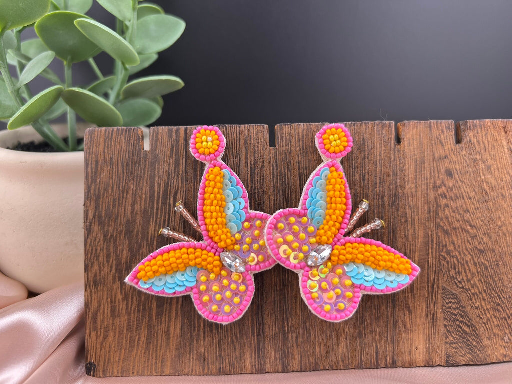 Pastel Orange Butterfly quirky Beaded earring, Handmade earrings