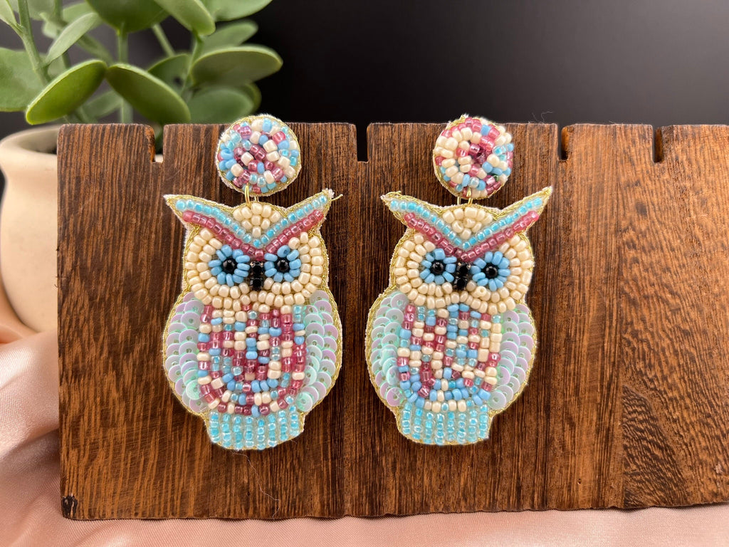 White and blue blue Owl shaped Beaded earrings, Handmade earrings