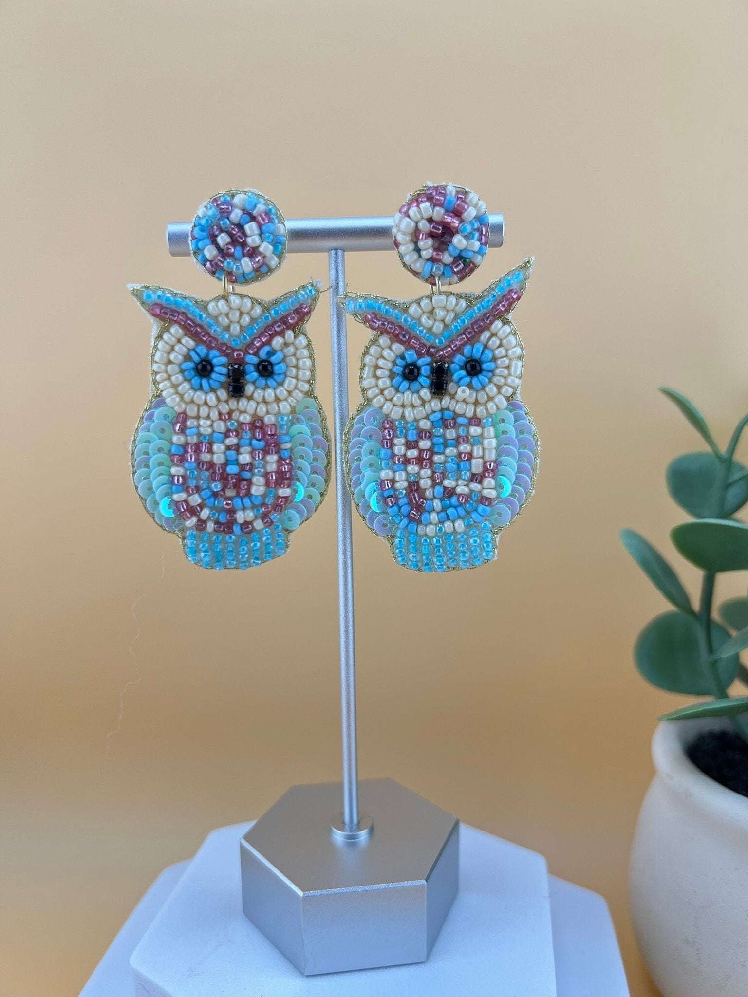 Owl Beaded White blue earrings/Handmade earring/Statement Earring/Boho Earring/Fashion Jewelry/Ethnic Earring/Quirky earrings/Owl earring