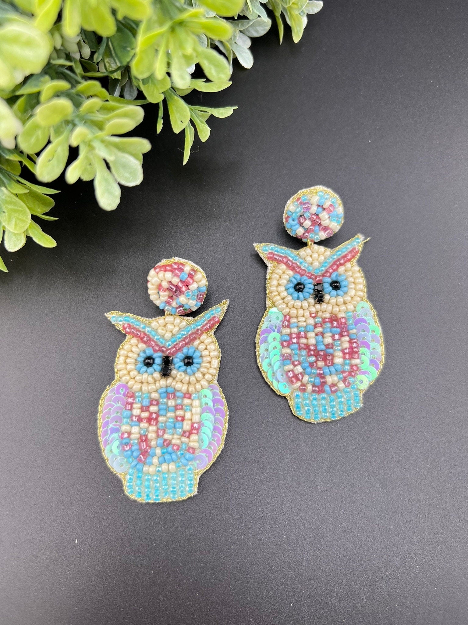 White and blue blue Owl shaped Beaded earrings, Handmade earrings