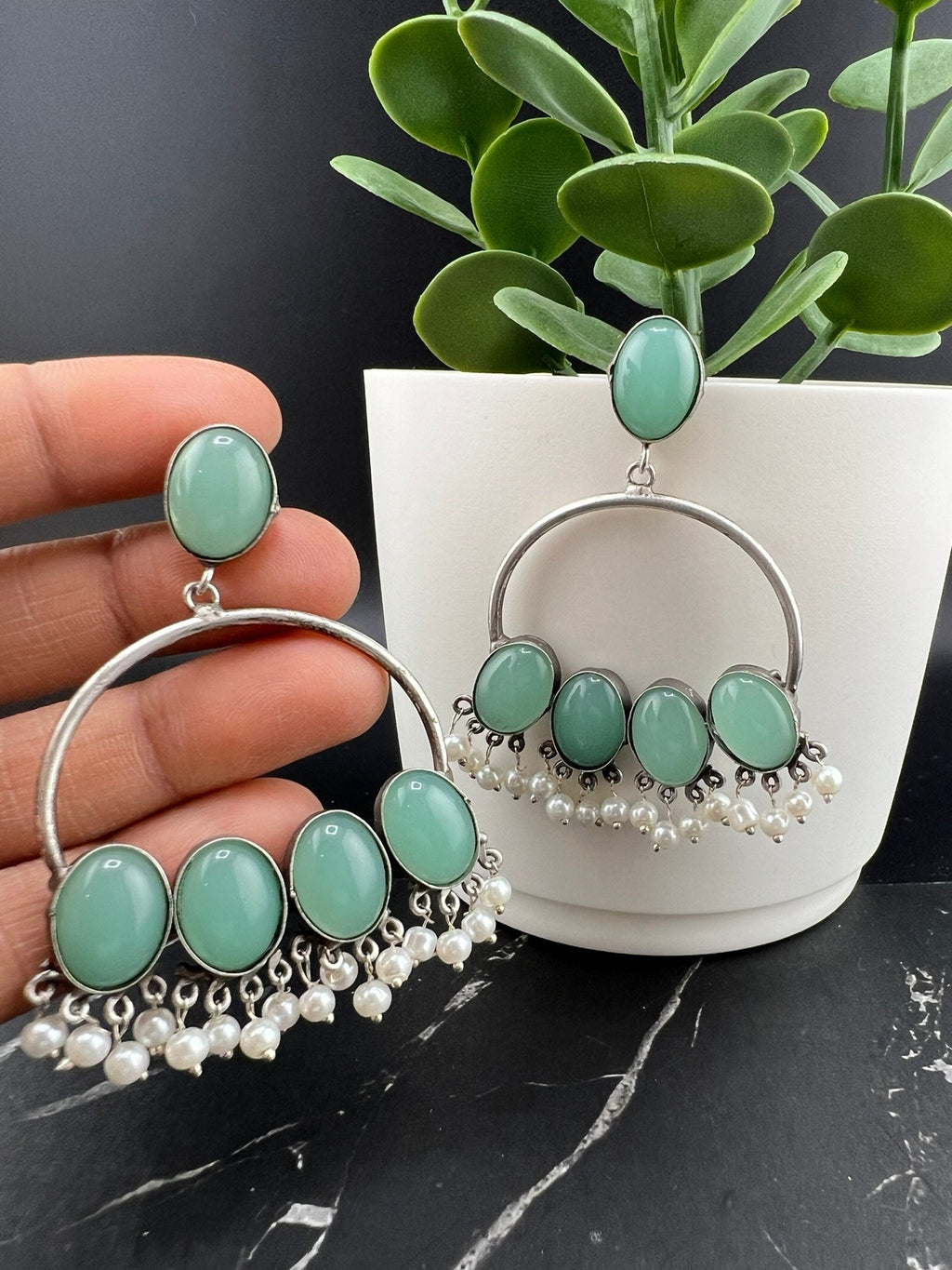 Teal/Blue oxidized silver Monalisa stone Chandbali earring with pearls/Oxidized silver earring/Statement Earring/Boho Earring/Ethnic Earring