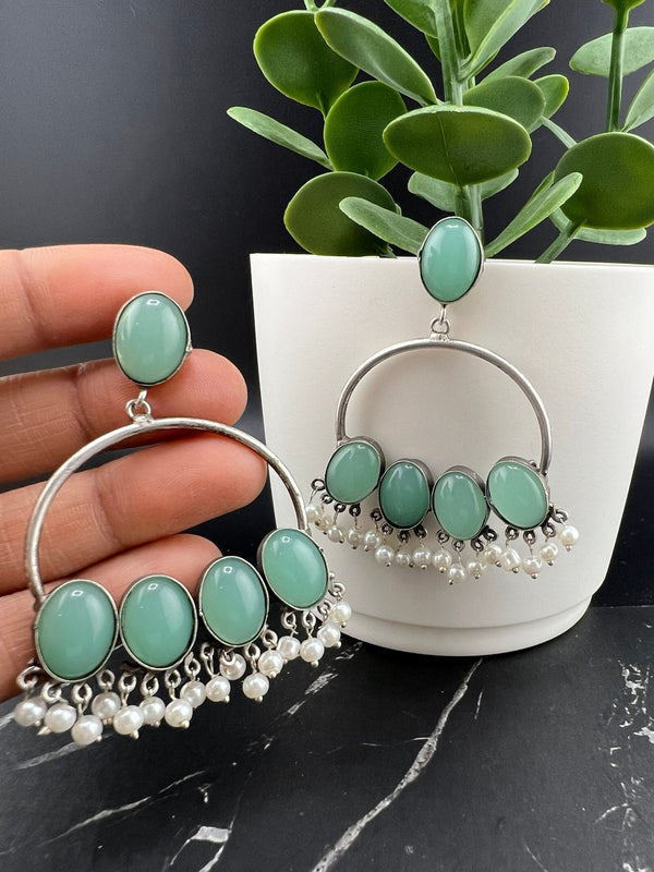 Teal/Blue oxidized silver Monalisa stone Chandbali earring with pearls/Oxidized silver earring/Statement Earring/Boho Earring/Ethnic Earring