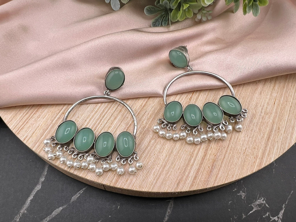 Teal/Blue oxidized silver Monalisa stone Chandbali earring with pearls/Oxidized silver earring/Statement Earring/Boho Earring/Ethnic Earring