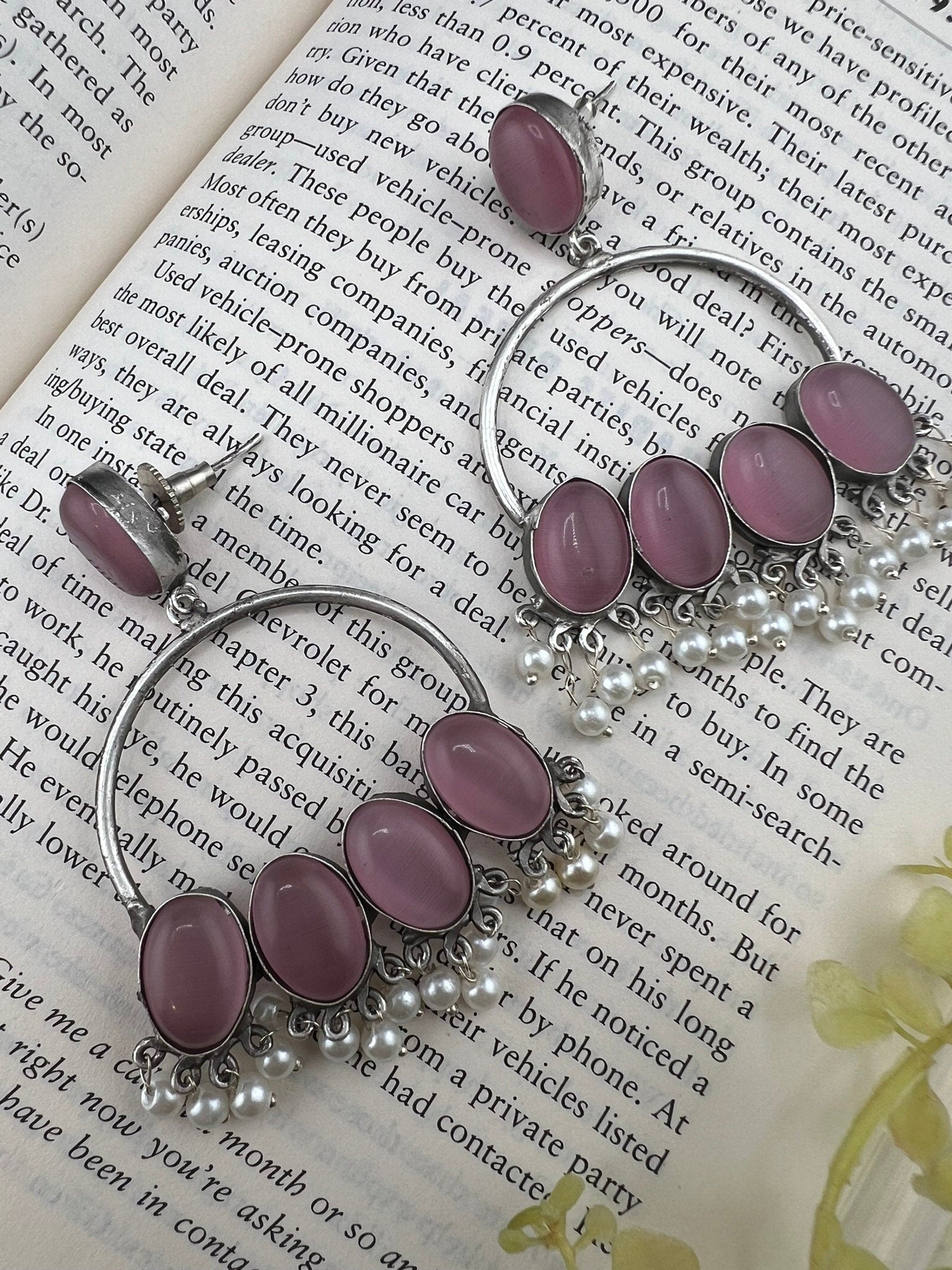 Pink oxidized silver Monalisa stone Chandbali earring with pearls/Oxidized silver earring/Statement Earring/Boho Earring/Ethnic Earring