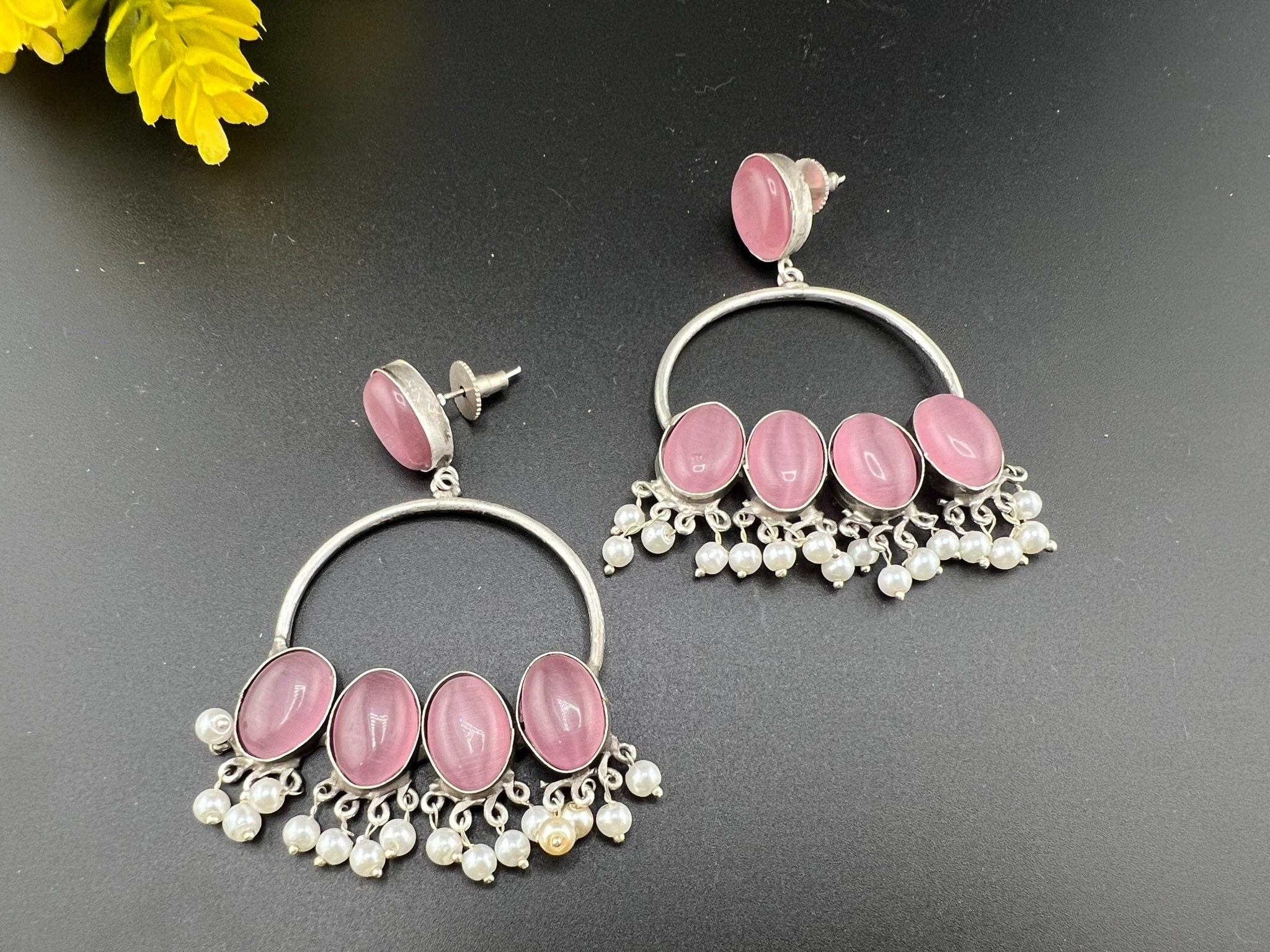 Pink oxidized silver Monalisa stone Chandbali earring with pearls/Oxidized silver earring/Statement Earring/Boho Earring/Ethnic Earring