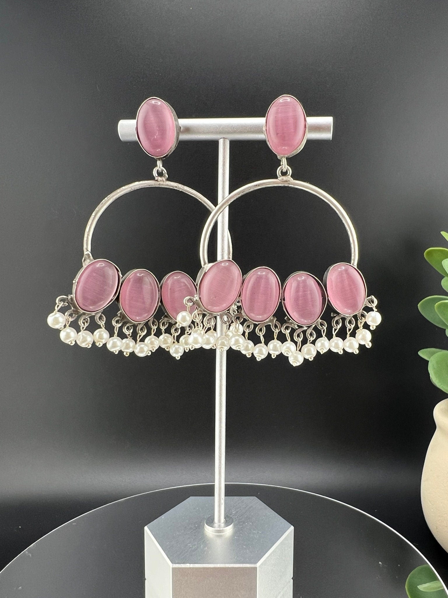 Pink oxidized silver Monalisa stone Chandbali earring with pearls/Oxidized silver earring/Statement Earring/Boho Earring/Ethnic Earring