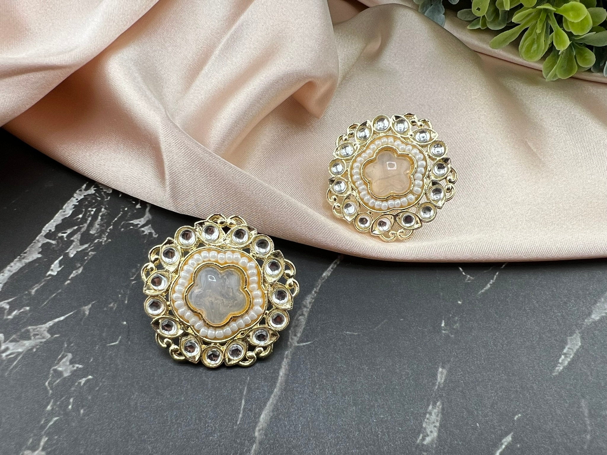 Pink Stud Monalisa Stone, kundan and Pearls stud earrings