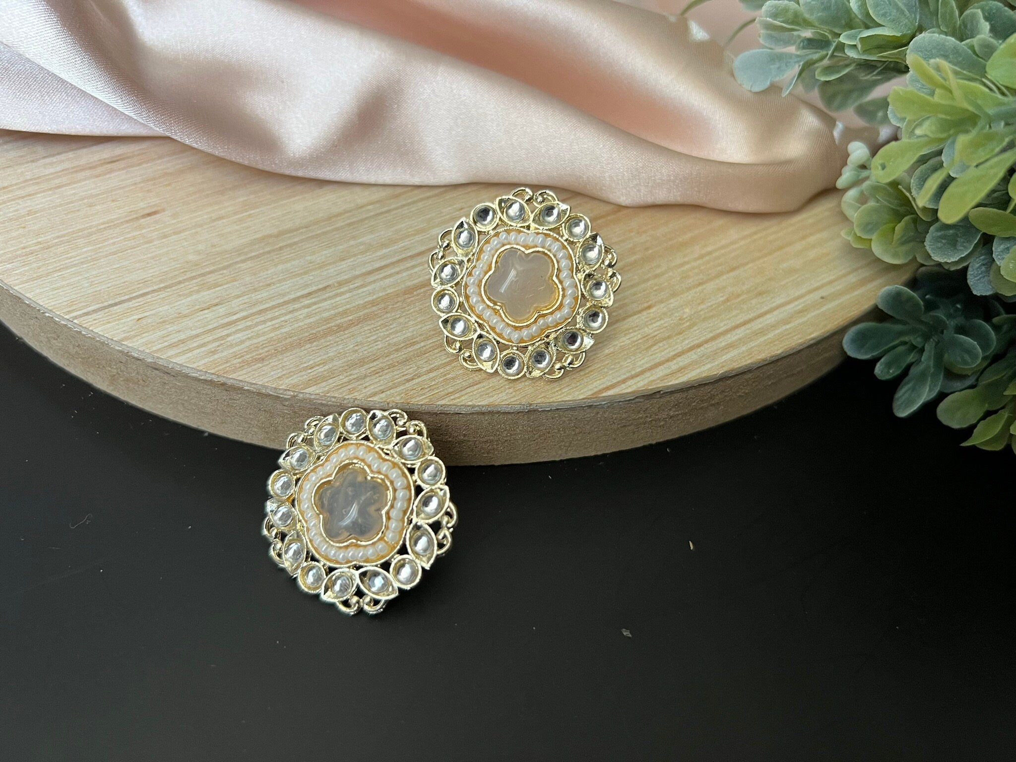 Pink Stud Monalisa Stone, kundan and Pearls stud earrings