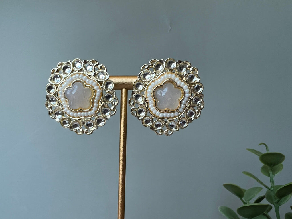 Pink Stud Monalisa Stone, kundan and Pearls stud earrings