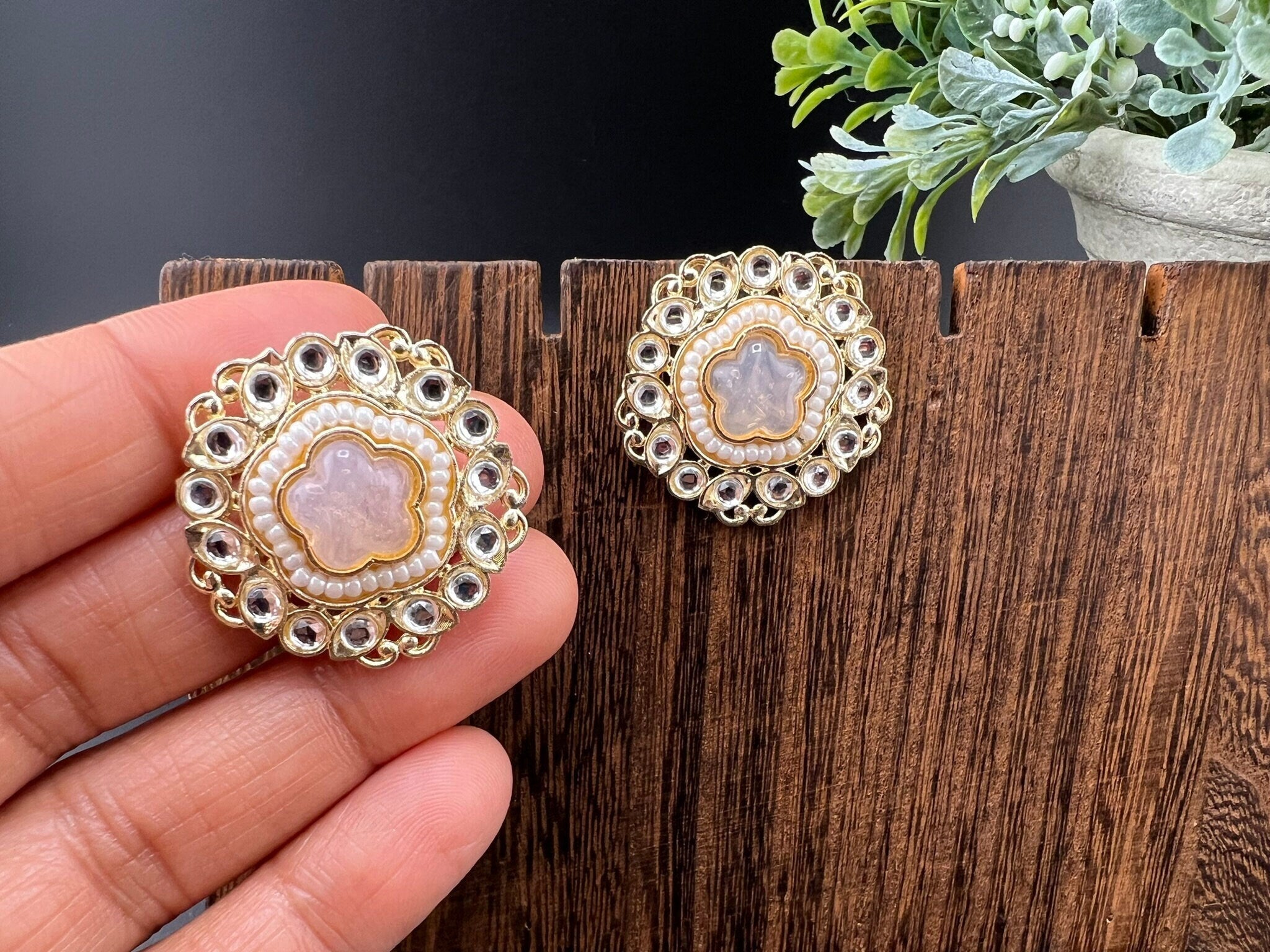 Pink Stud Monalisa Stone, kundan and Pearls stud earrings