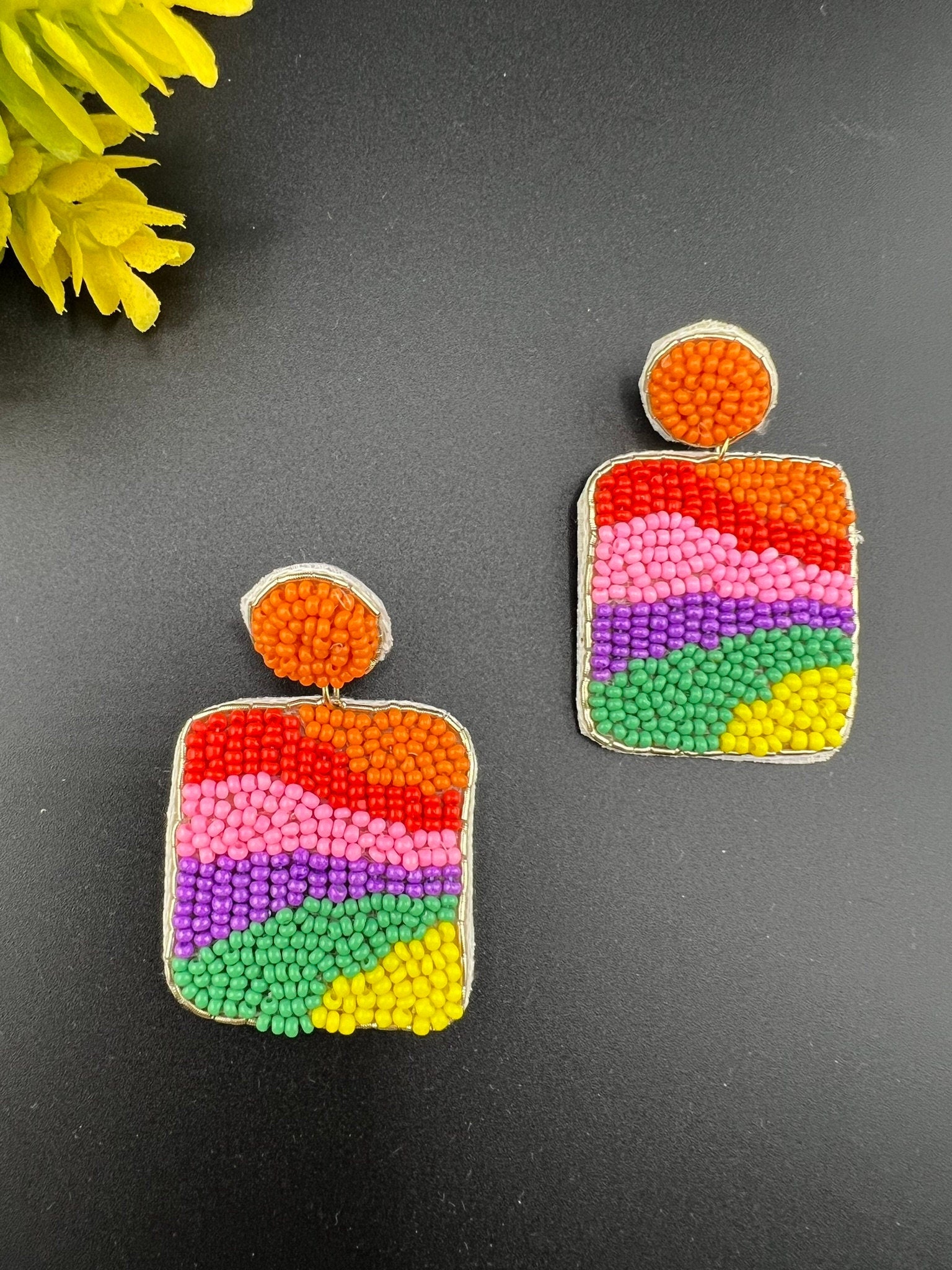 Beaded Colorful Rectangle quirky earring/Handmade earring/Statement Earring/Boho Earring/Beaded earring/Ethnic Earring/Rainbow earrings