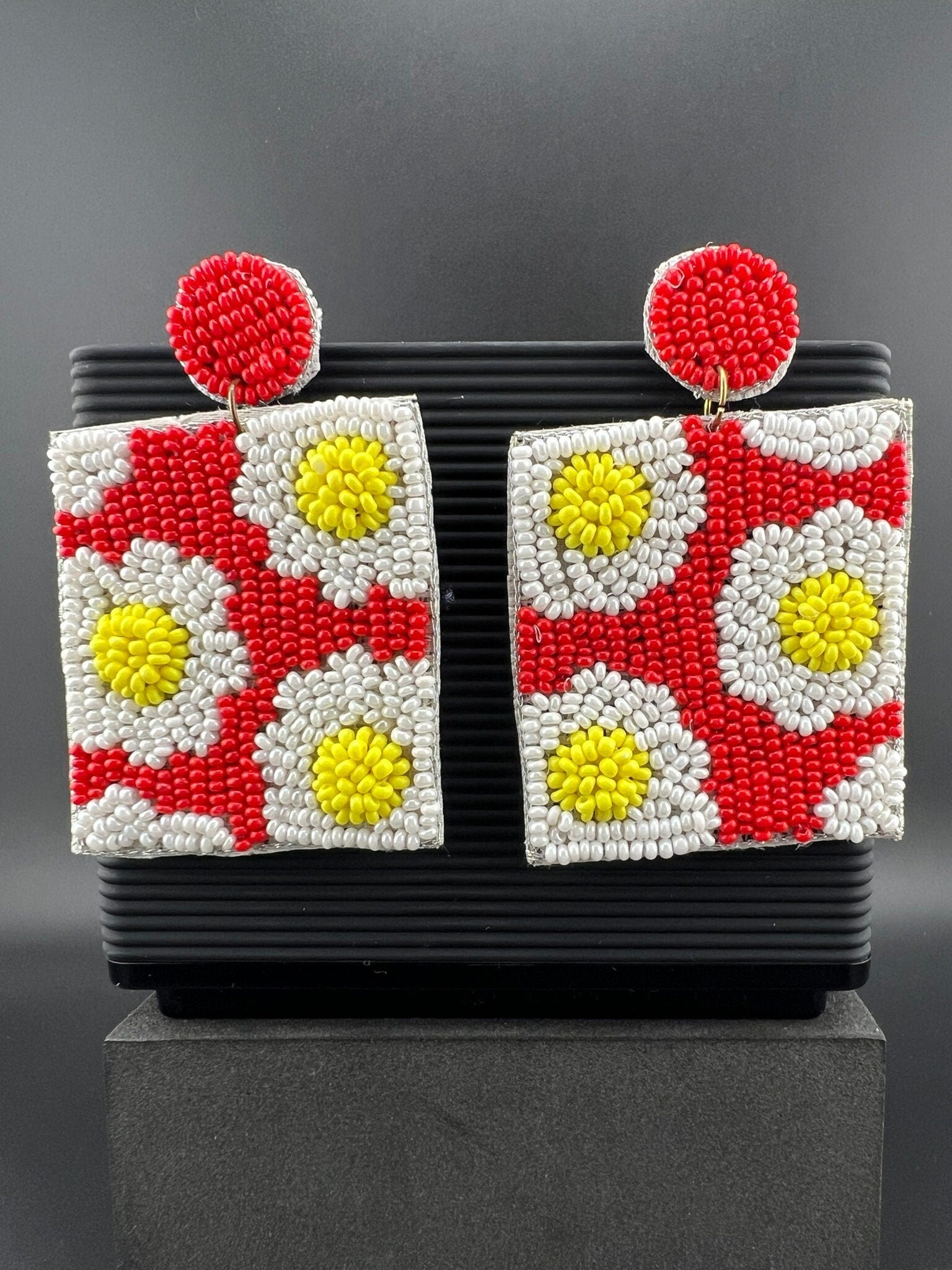 Beaded Red White Rectangle quirky earring/Handmade earring/Statement Earring/Boho Earring/Beaded earring/Ethnic Earring/Wedding earrings