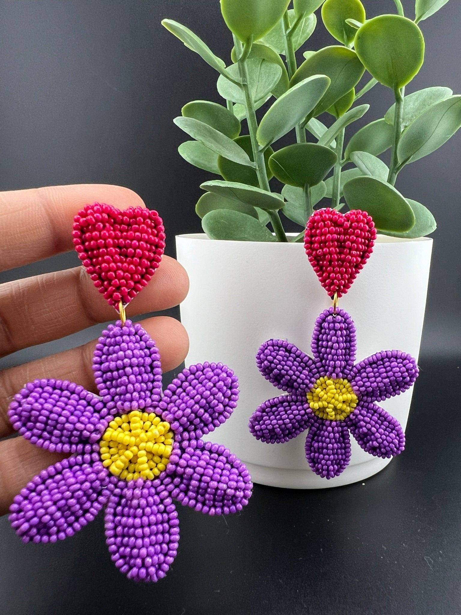 Beaded Purple and Pink Flower quirky earring/Handmade earring/Statement Earring/Boho Earring/Beaded earring/Ethnic Earring/Valentine earring