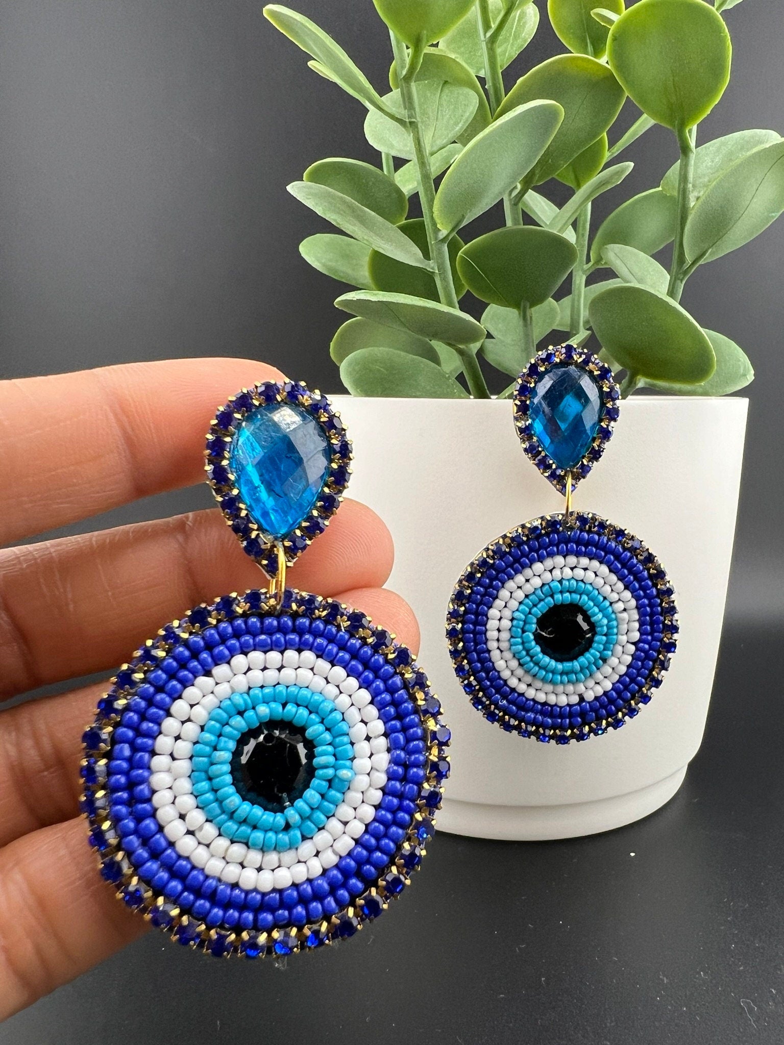 Evil eye Beaded Dangle earrings/Handmade earring/Statement Earring/Boho Earring/Fashion Jewelry/Ethnic Earring/Quirky earrings/Blue earrings