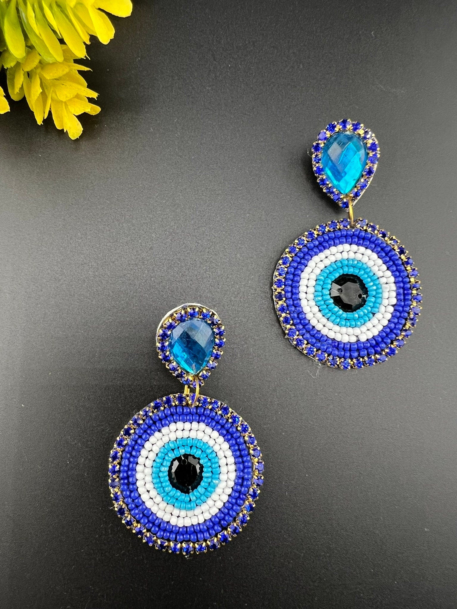 Evil eye Beaded Dangle earrings/Handmade earring/Statement Earring/Boho Earring/Fashion Jewelry/Ethnic Earring/Quirky earrings/Blue earrings