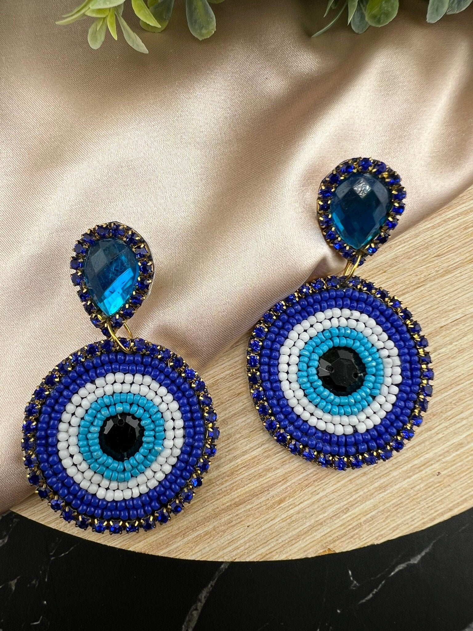 Evil eye Beaded Dangle earrings/Handmade earring/Statement Earring/Boho Earring/Fashion Jewelry/Ethnic Earring/Quirky earrings/Blue earrings