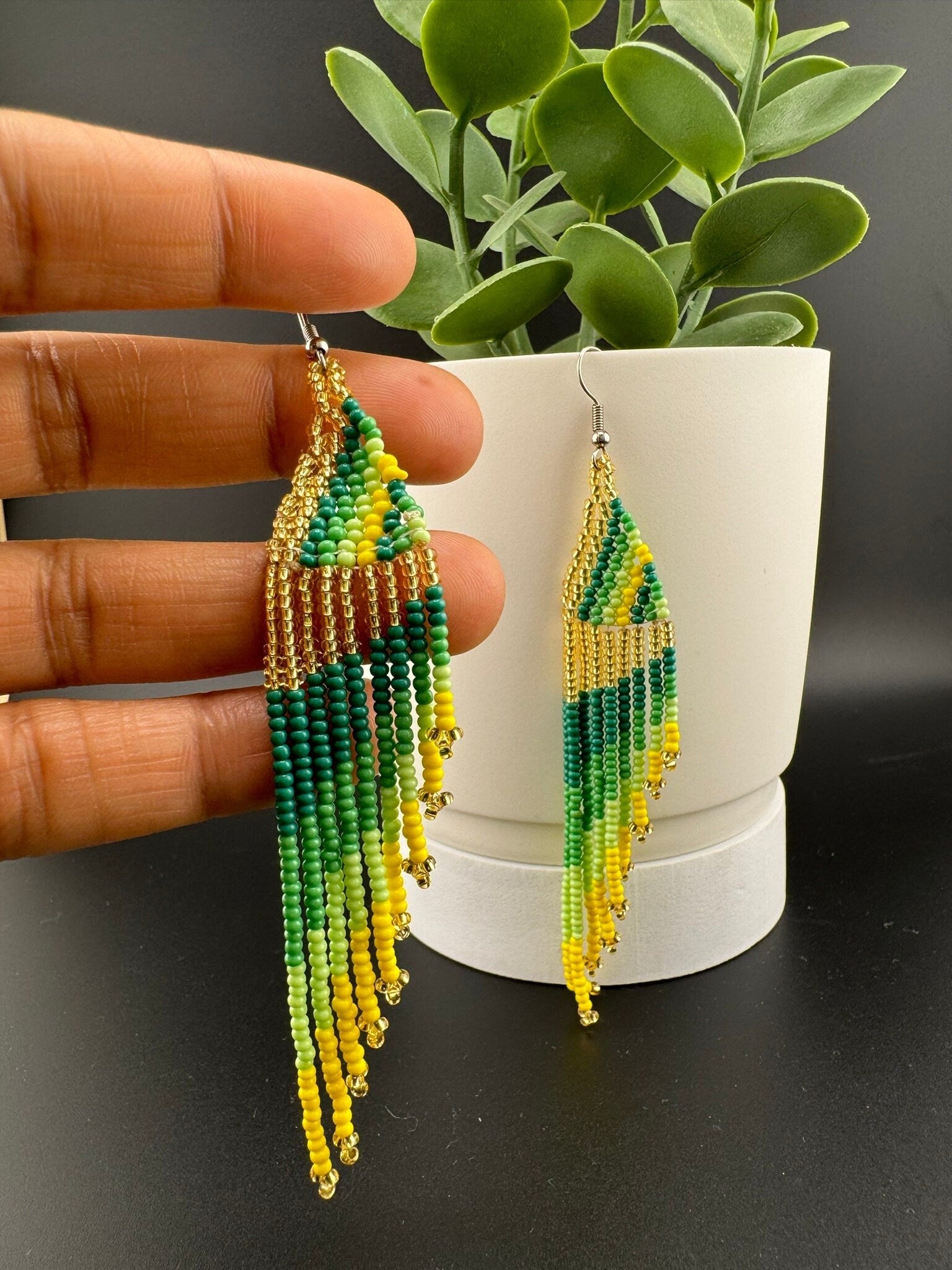 Beaded Long Green Yellow Golden quirky earring/Handmade earring/Statement Earring/Boho Earring/Beaded earring/Ethnic Earring/Valentine gift