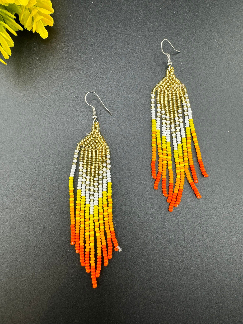 Beaded Long Orange Yellow Golden quirky earring/Handmade earring/Statement Earring/Boho Earring/Beaded earring/Ethnic Earring/Valentine gift