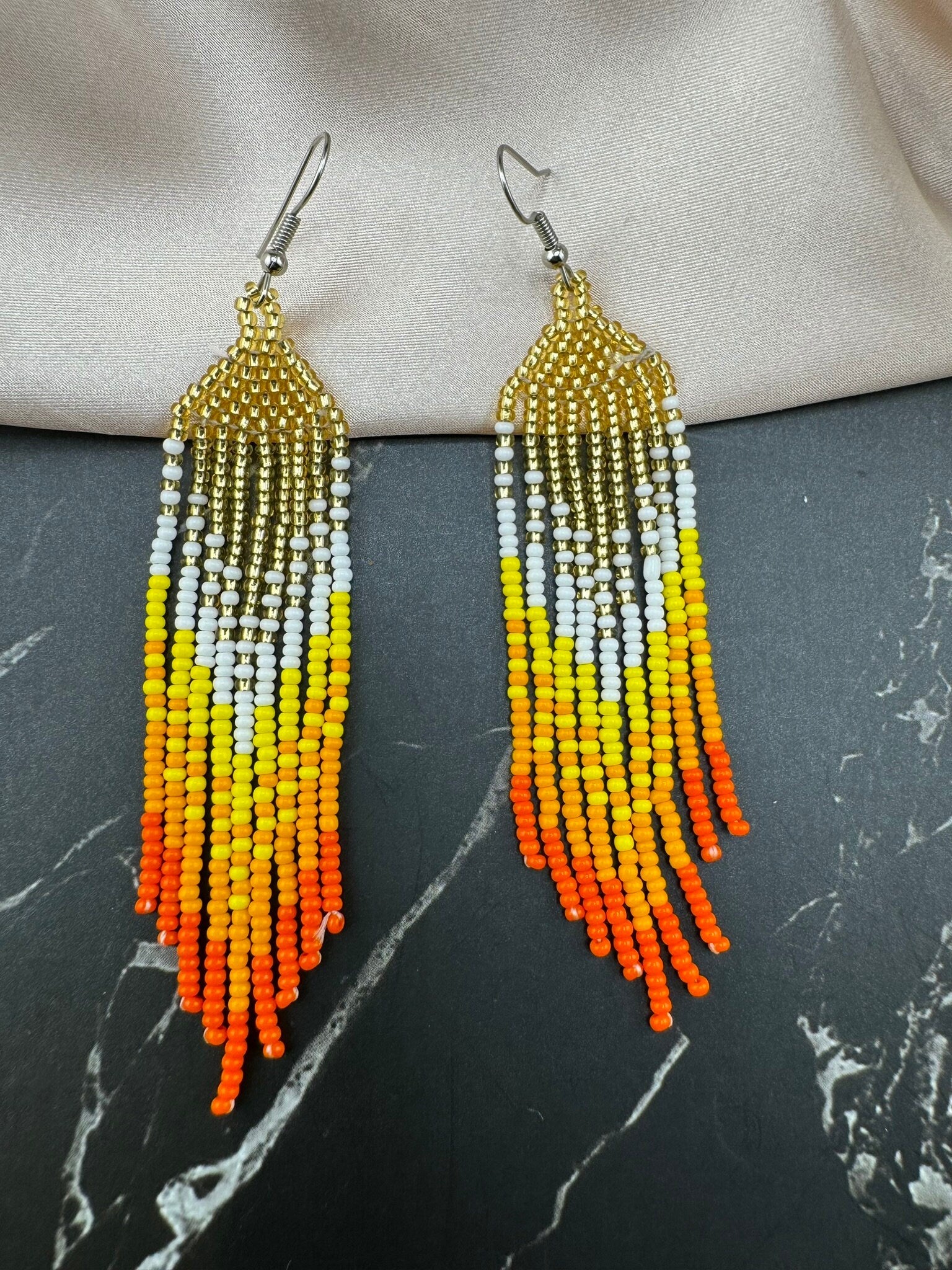 Beaded Long Orange Yellow Golden quirky earring/Handmade earring/Statement Earring/Boho Earring/Beaded earring/Ethnic Earring/Valentine gift