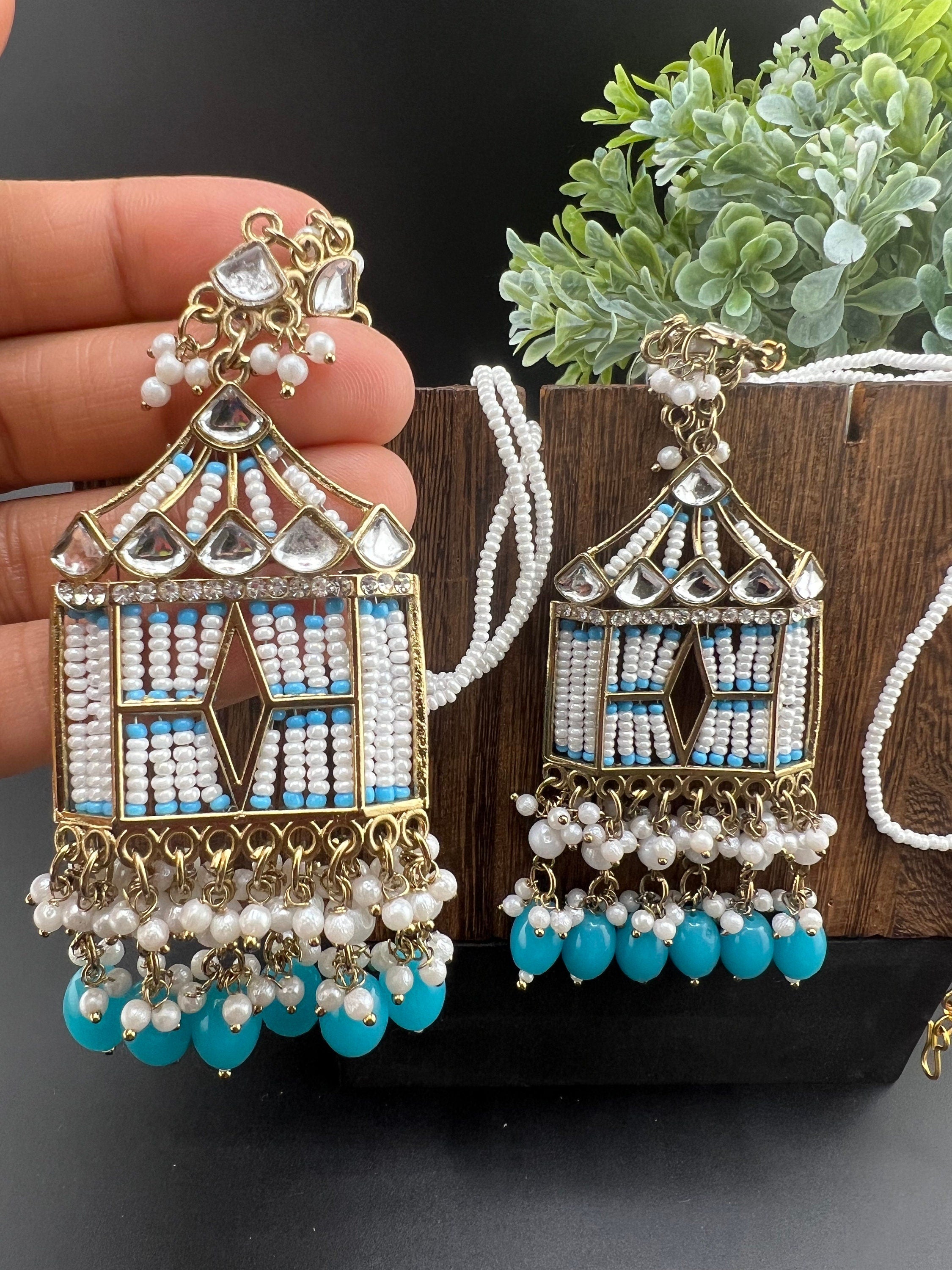 Doli Blue/Turquoise/Firozi chandbali earring with Ear Support Chain in kundan, CZ and pearl/statement earring/Indian Earrings/Bridal Earring