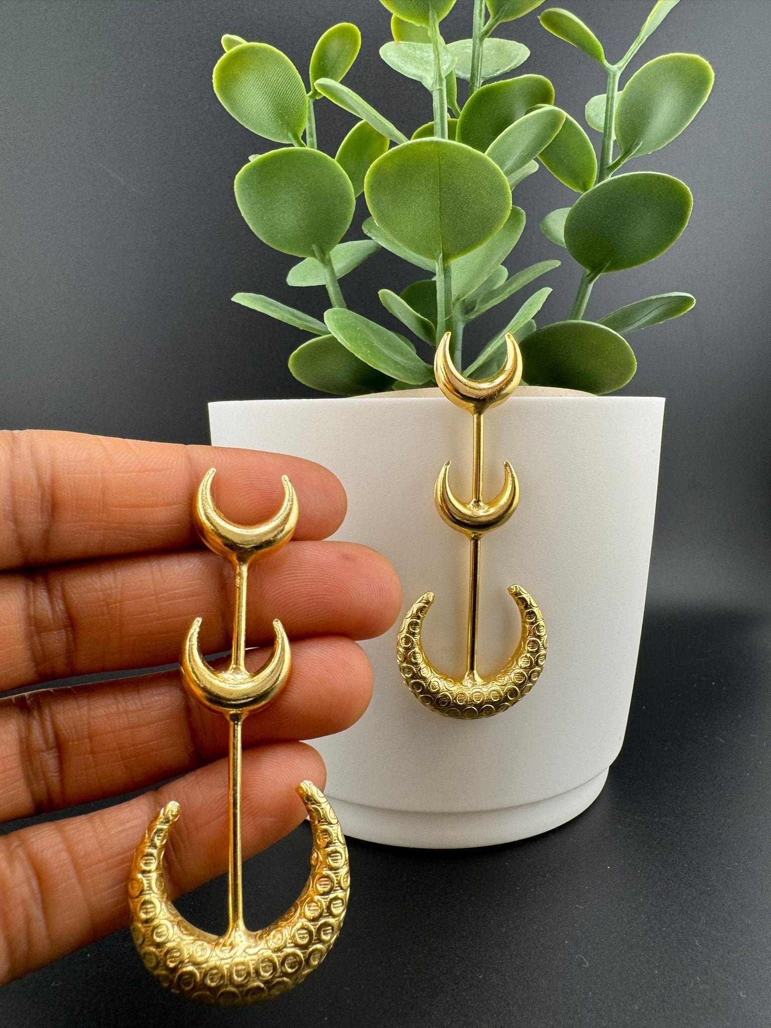Crescent moon Premium Matt Gold statement long earrings