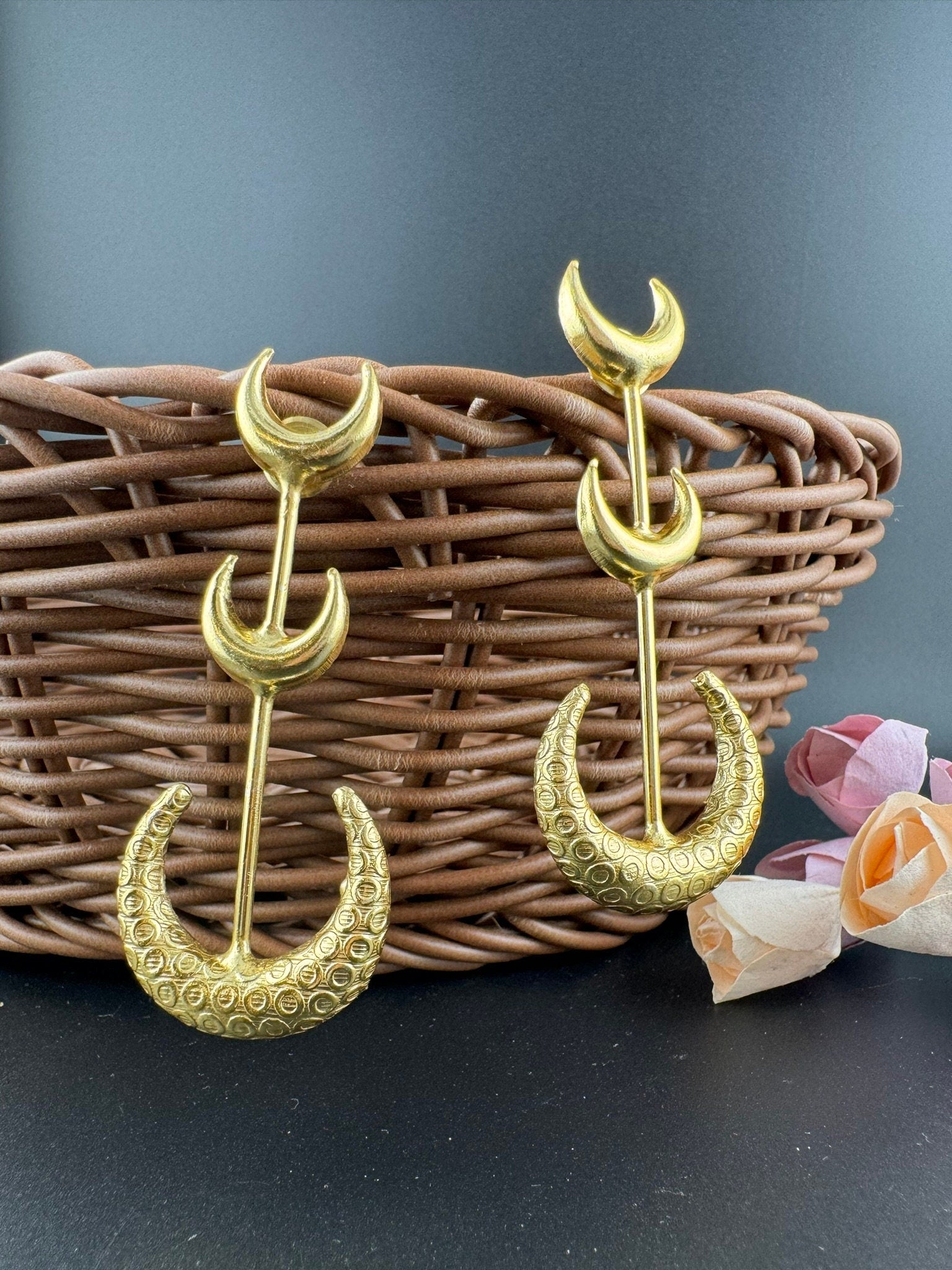 Crescent moon Premium Matt Gold statement long earrings