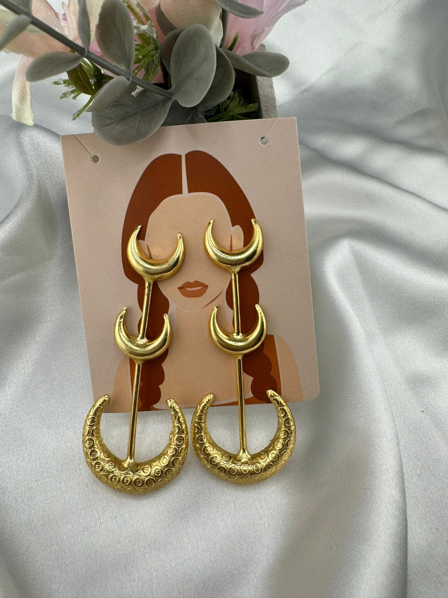 Crescent moon Premium Matt Gold statement long earrings
