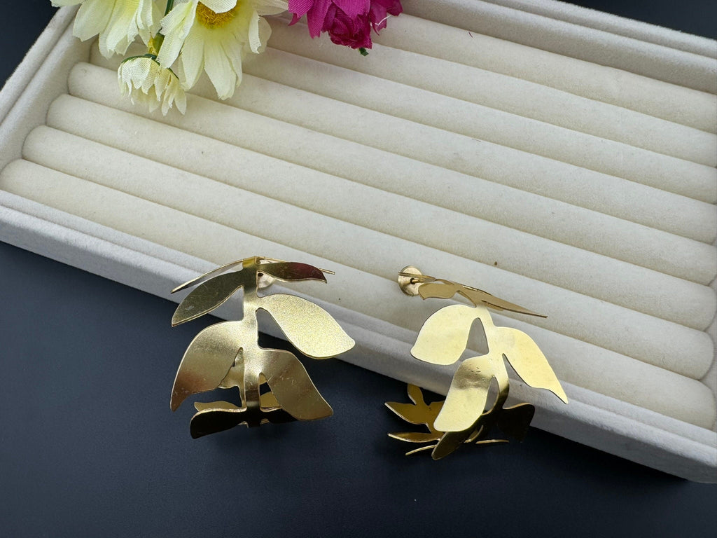 Statement Gold Hoop earrings in unique Leaf design, Leaf hoop