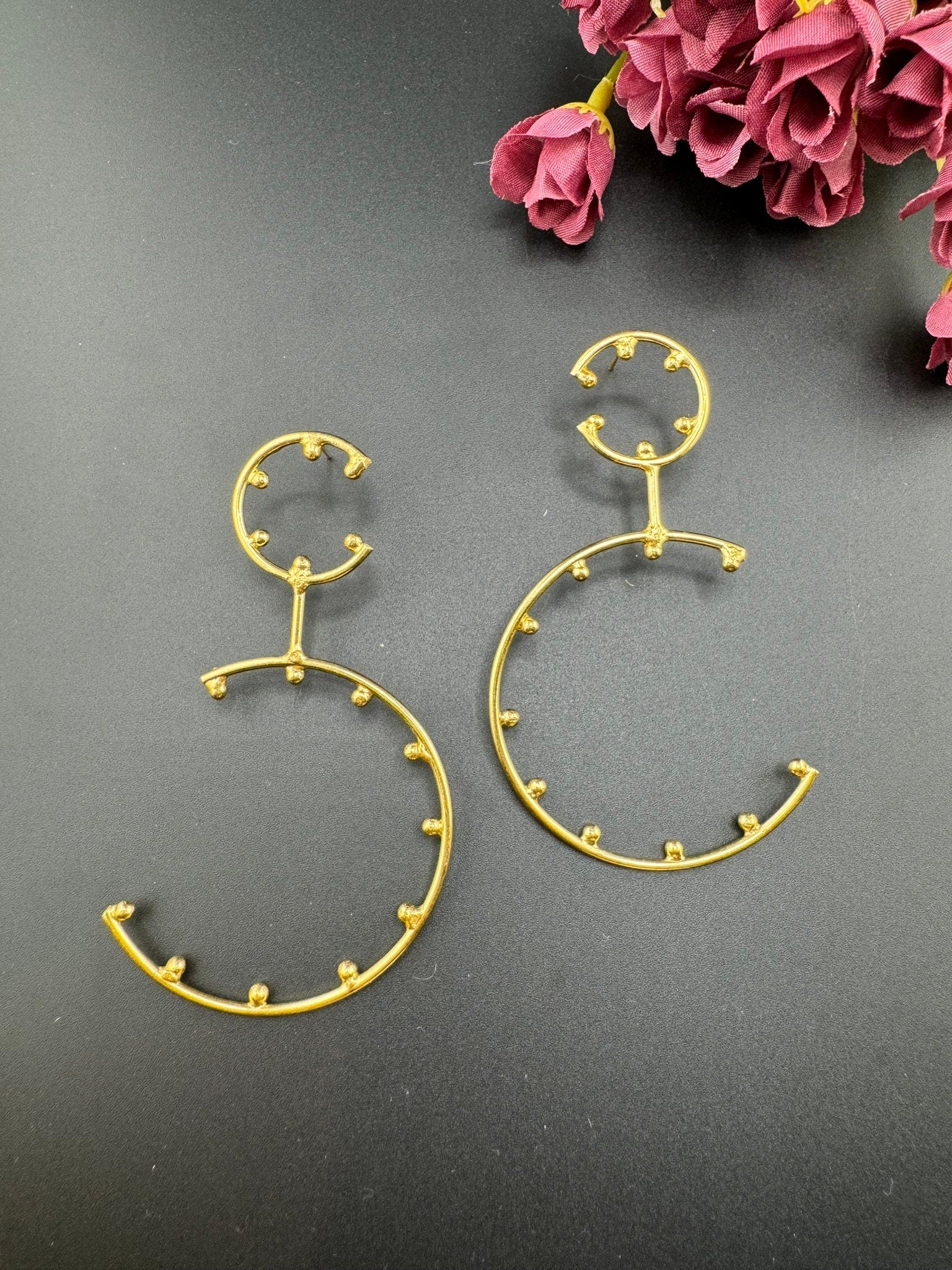 Premium Matt Gold quirky long earrings in unique C Hoops design/Statement earrings/everyday jewelry/Indian Earrings/Bridal Earring/Hoops