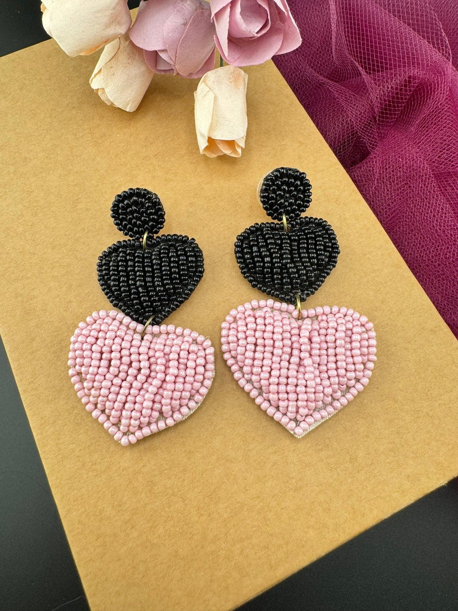 Beaded Baby Pink and Black Heart quirky earring/Handmade earring/Statement Earring/Boho Earring/Beaded earring/Ethnic Earring/Valentines day