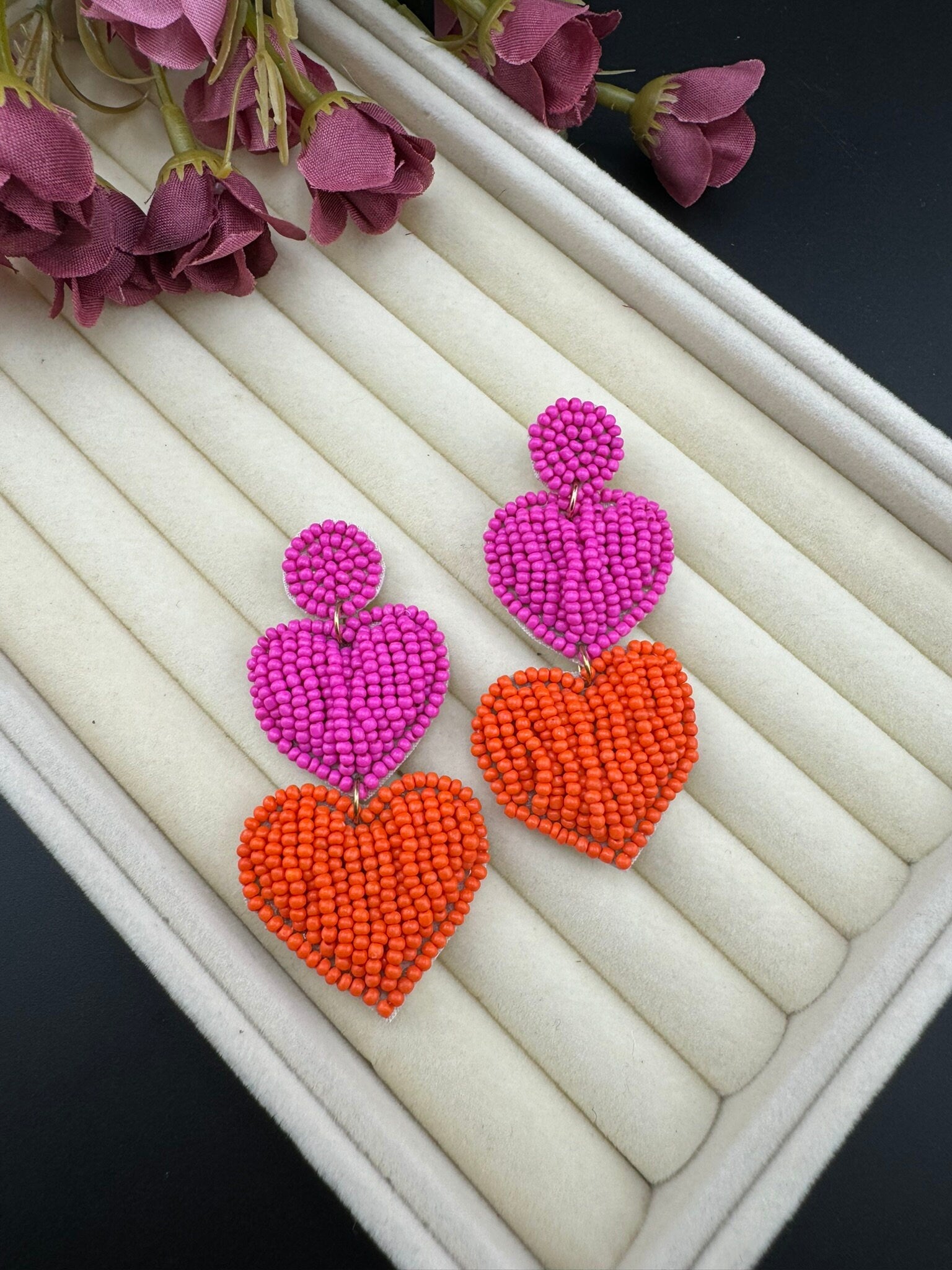 Beaded Pink and Orange Heart quirky Long earrings / Handmade earrings