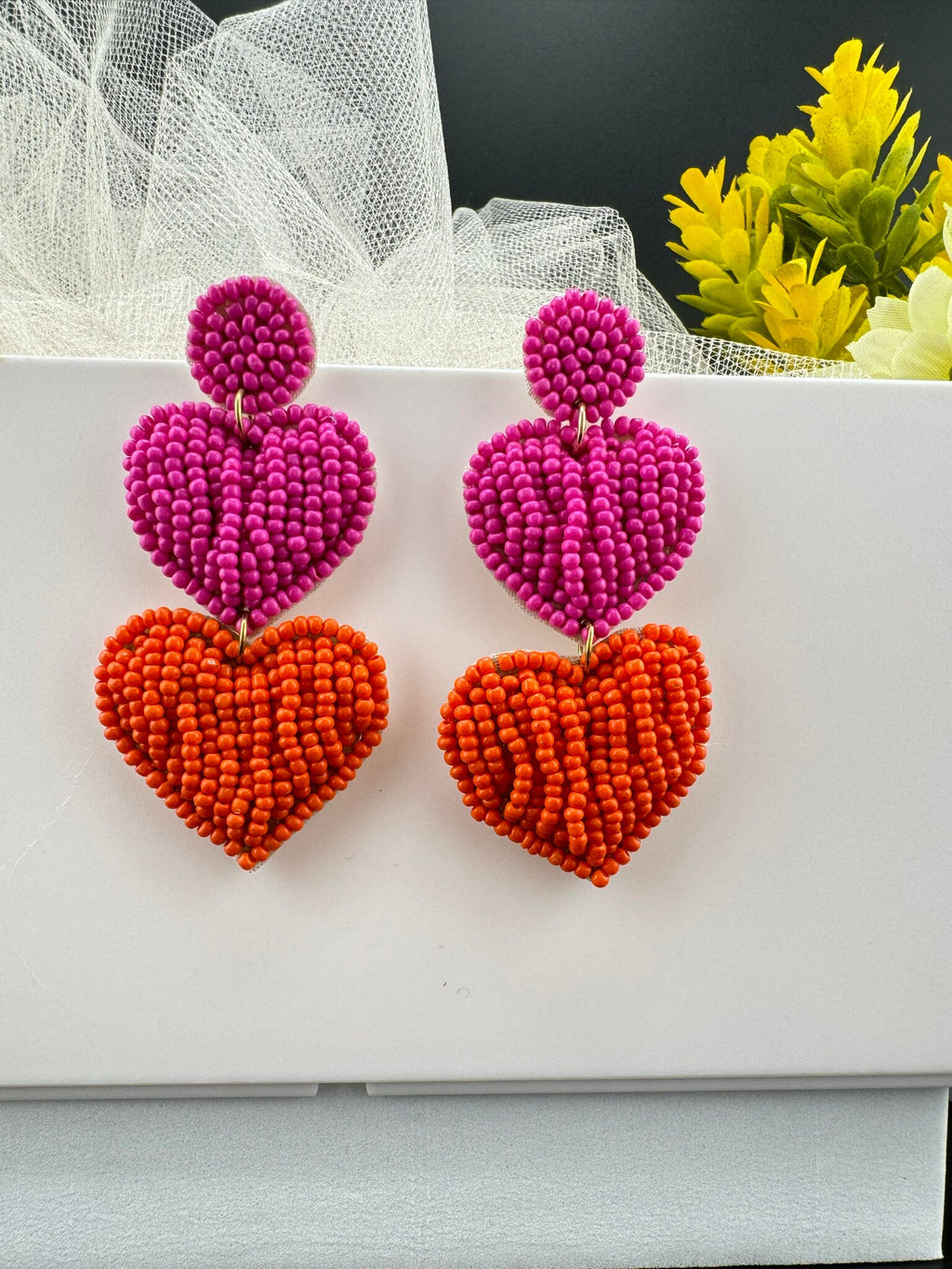 Beaded Pink and Orange Heart quirky Long earrings / Handmade earrings