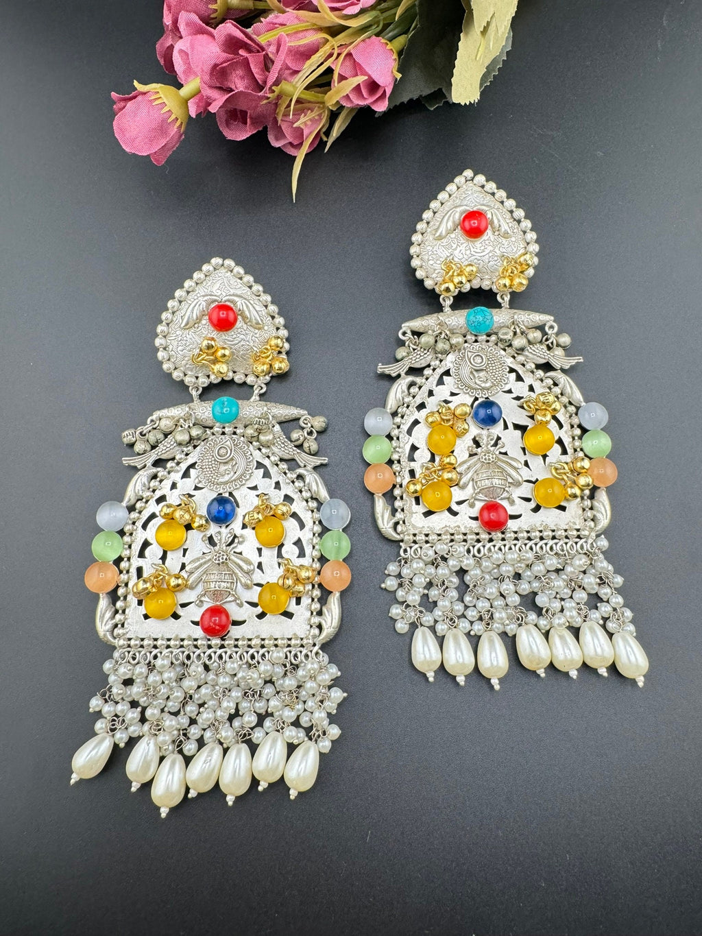 Silver Polish Premium Extra Oversized Oxidized Chand Bali gold, Bee, stones pearls/Animal Statement Earring/Boho Earring/Ethnic Earring