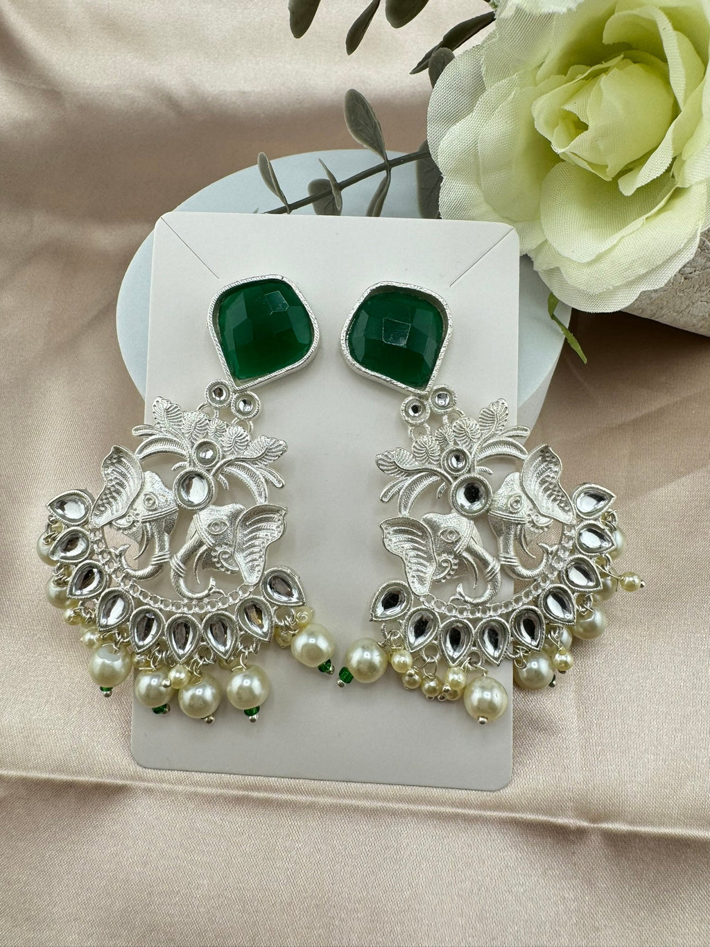 Silver Polish Premium Oxidized German silver Chand Bali with Emerald Green stones pearls Elephant Design/Boho Earring/Ethnic Earring