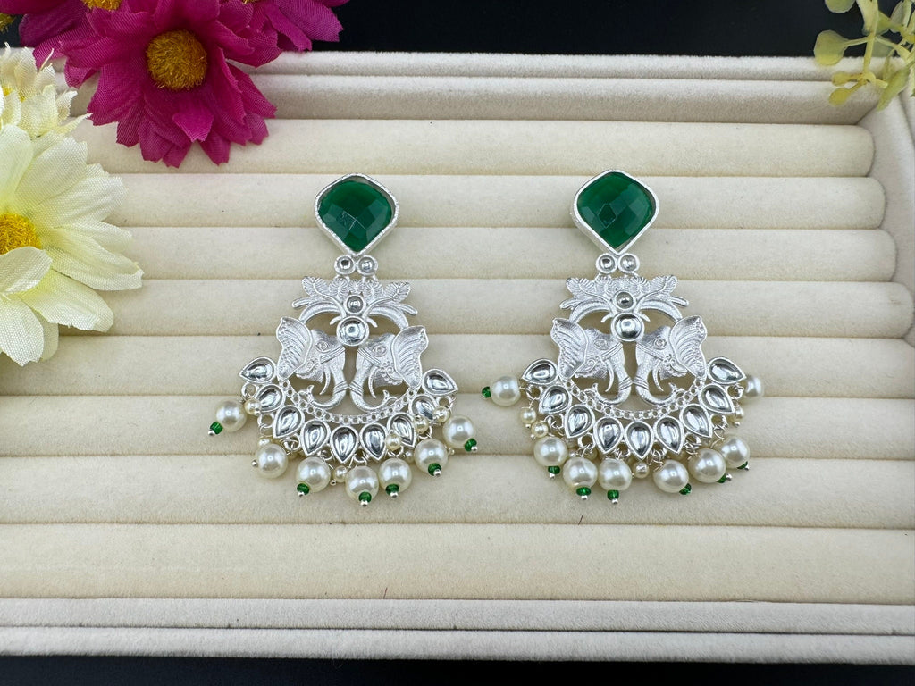 Silver Polish Premium Oxidized German silver Chand Bali with Emerald Green stones pearls Elephant Design/Boho Earring/Ethnic Earring