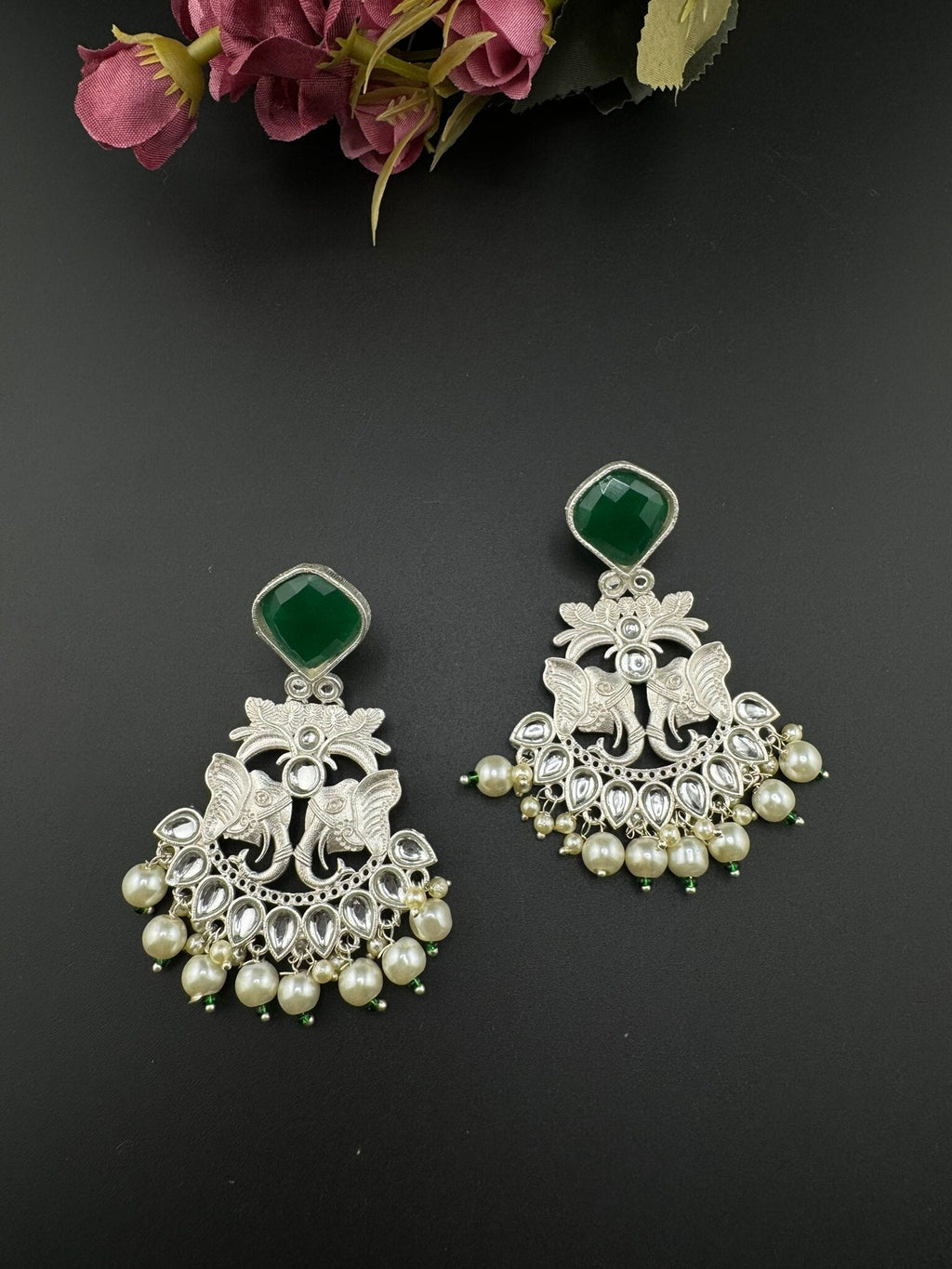 Silver Polish Premium Oxidized German silver Chand Bali with Emerald Green stones pearls Elephant Design/Boho Earring/Ethnic Earring