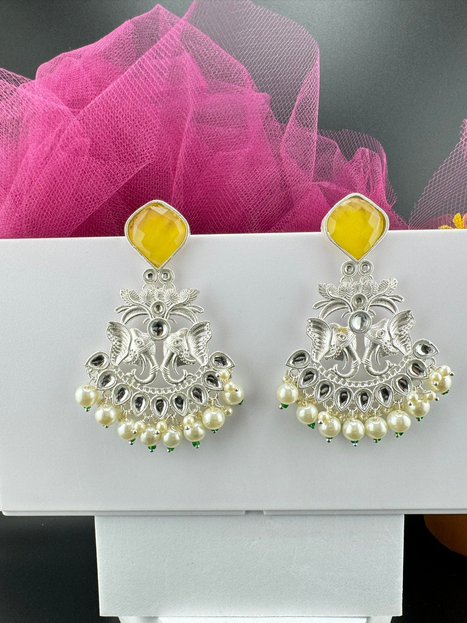 Silver Polish Premium Oxidized German silver Chand Bali with Yellow stones pearls and Elephant Design/Boho Earring/Ethnic Earring