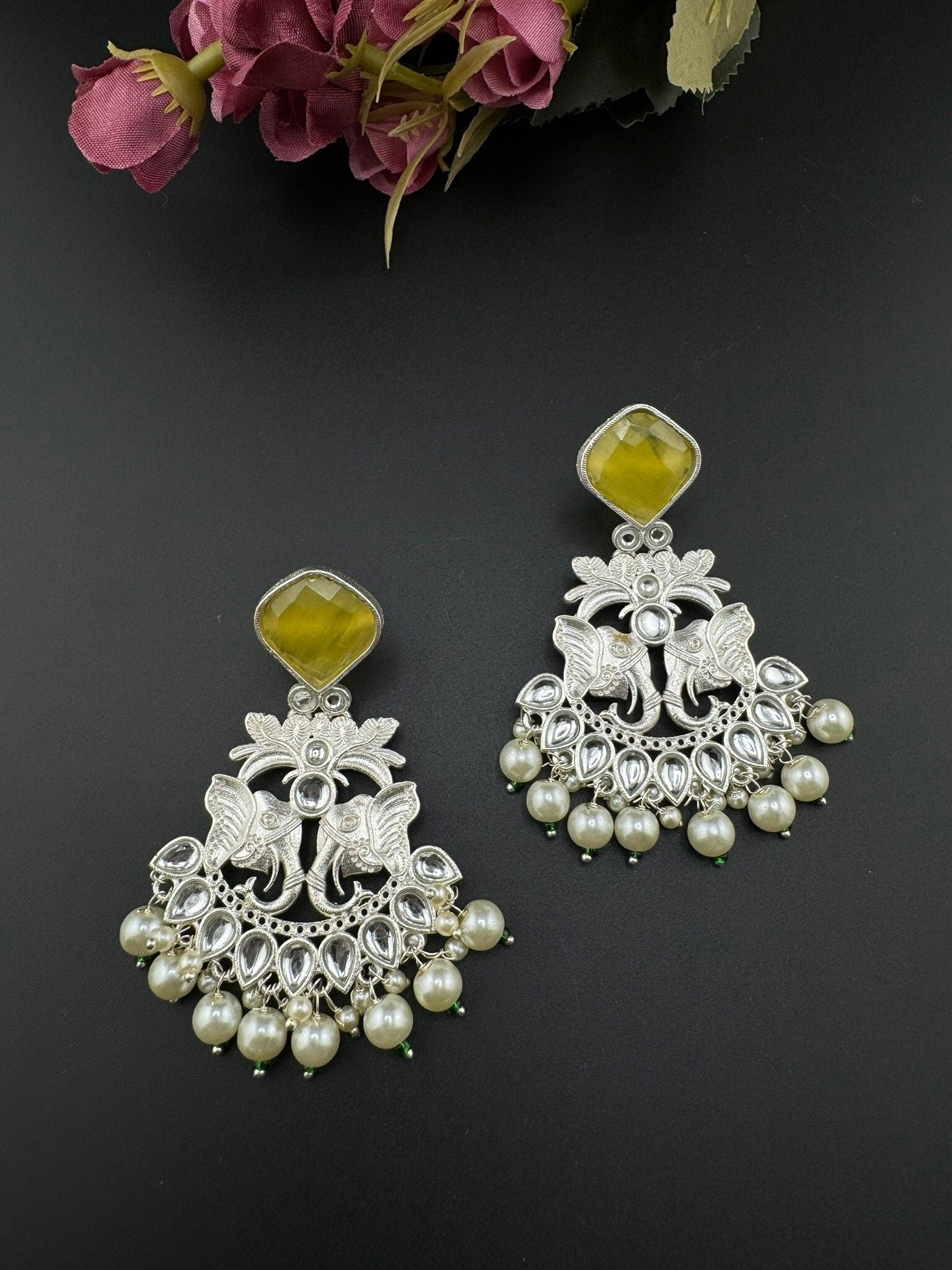 Silver Polish Premium Oxidized German silver Chand Bali with Yellow stones pearls and Elephant Design/Boho Earring/Ethnic Earring