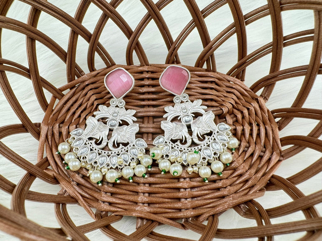 Silver Polish Premium Oxidized German silver Chand Bali with Pink stones pearls and Elephant Design/Boho Earring/Ethnic Earring