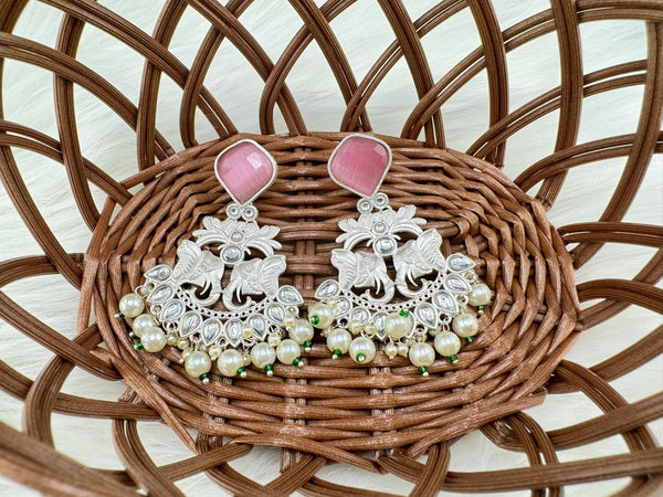 Silver Polish Premium Oxidized German silver Chand Bali with Pink stones pearls and Elephant Design/Boho Earring/Ethnic Earring